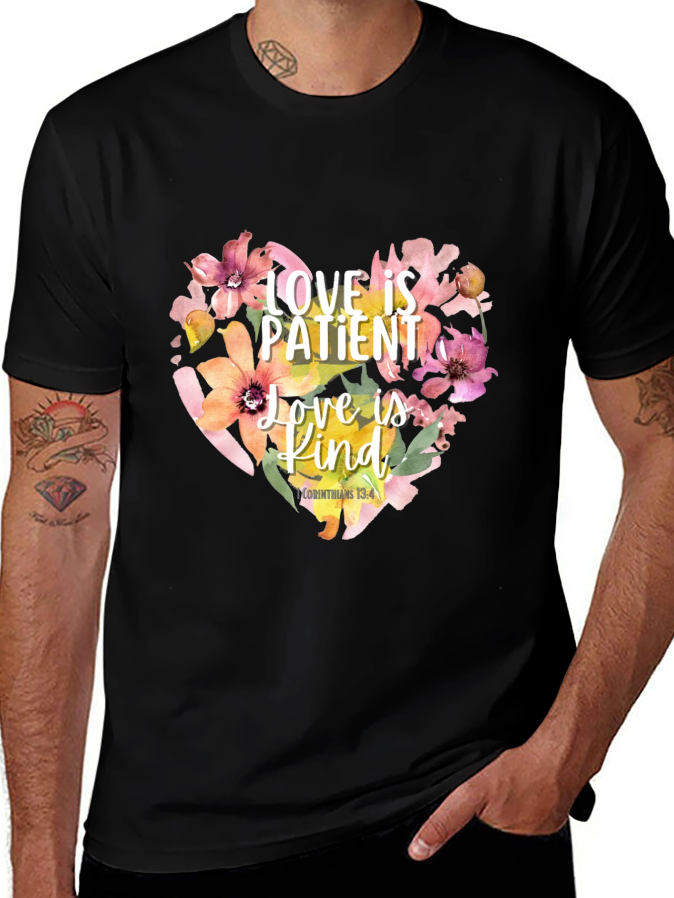 Variant 23 of Love is Patient T-Shirt Floral Heart Design