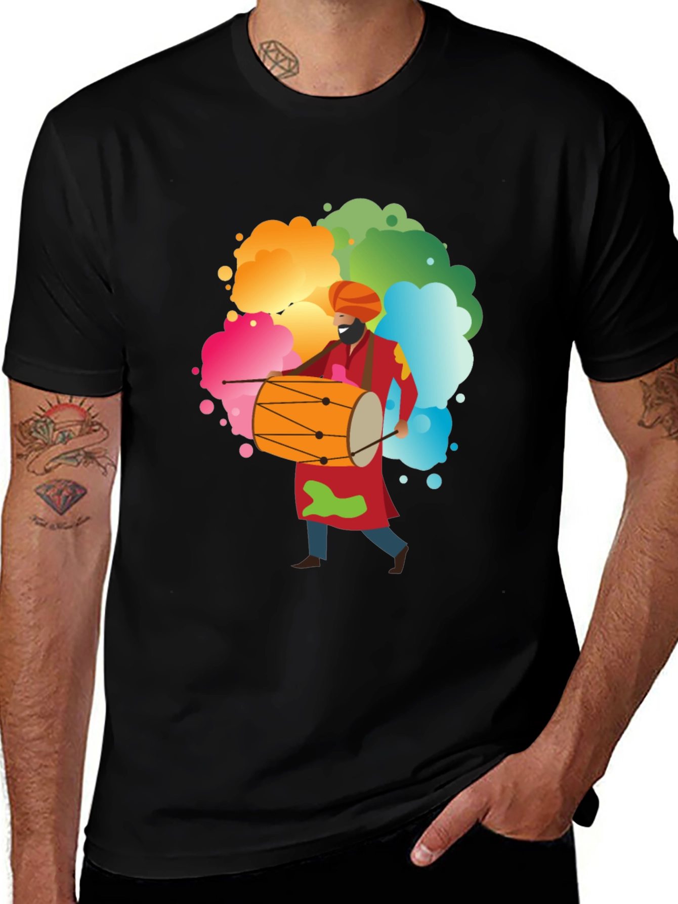 Holi Festival T-Shirt: Colorful Dhol Player Tee