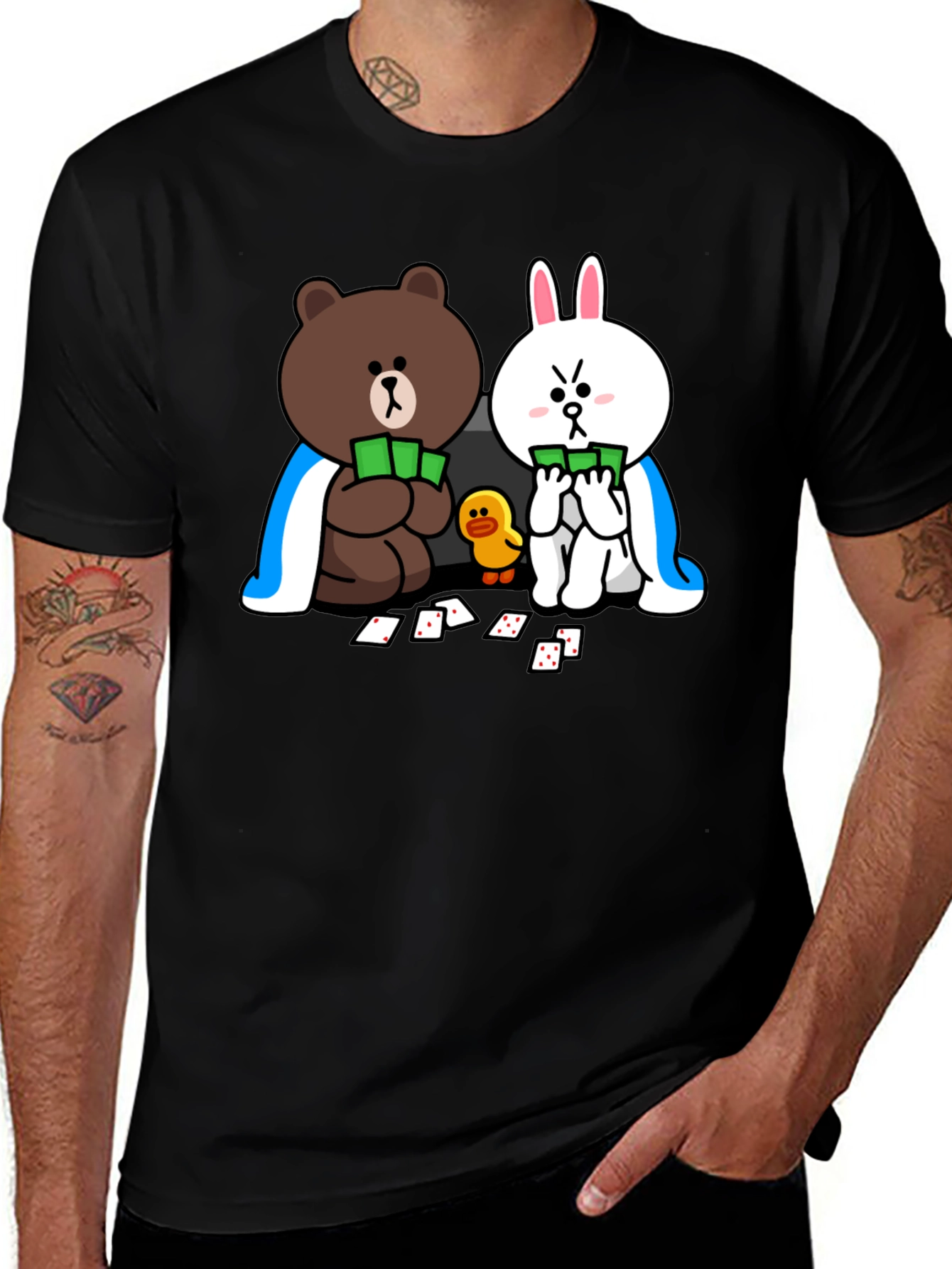Variant 25 of Cartoon Bear and Bunny Graphic Black T-Shirt