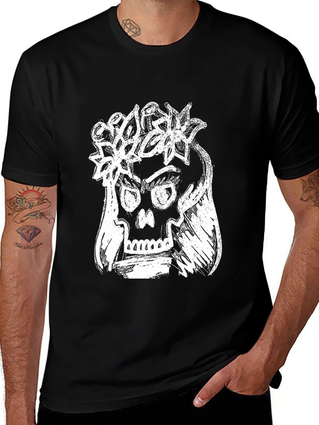 Variant 20 of Skull & Flowers Graphic T-Shirt - Black Cotton Tee