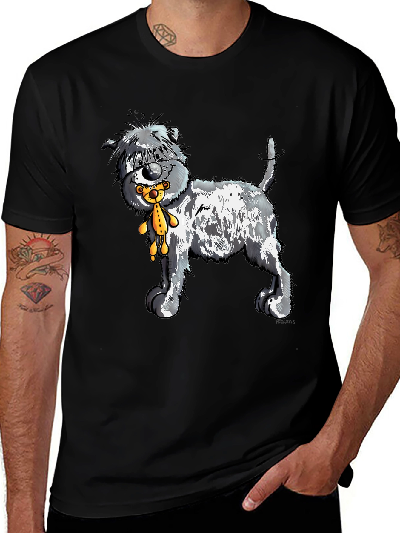 Variant 18 of Cartoon Dog with Teddy Bear Graphic Tee - Black