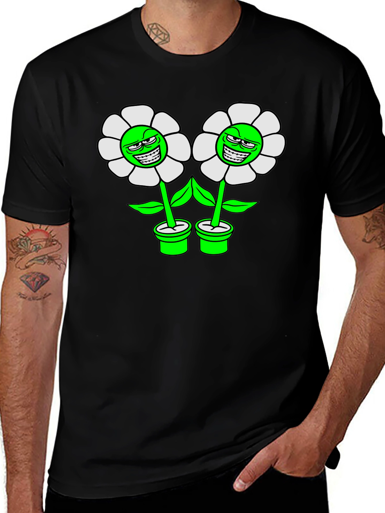 Variant 11 of Grinning Flower Graphic Tee - Black Cotton T-Shirt