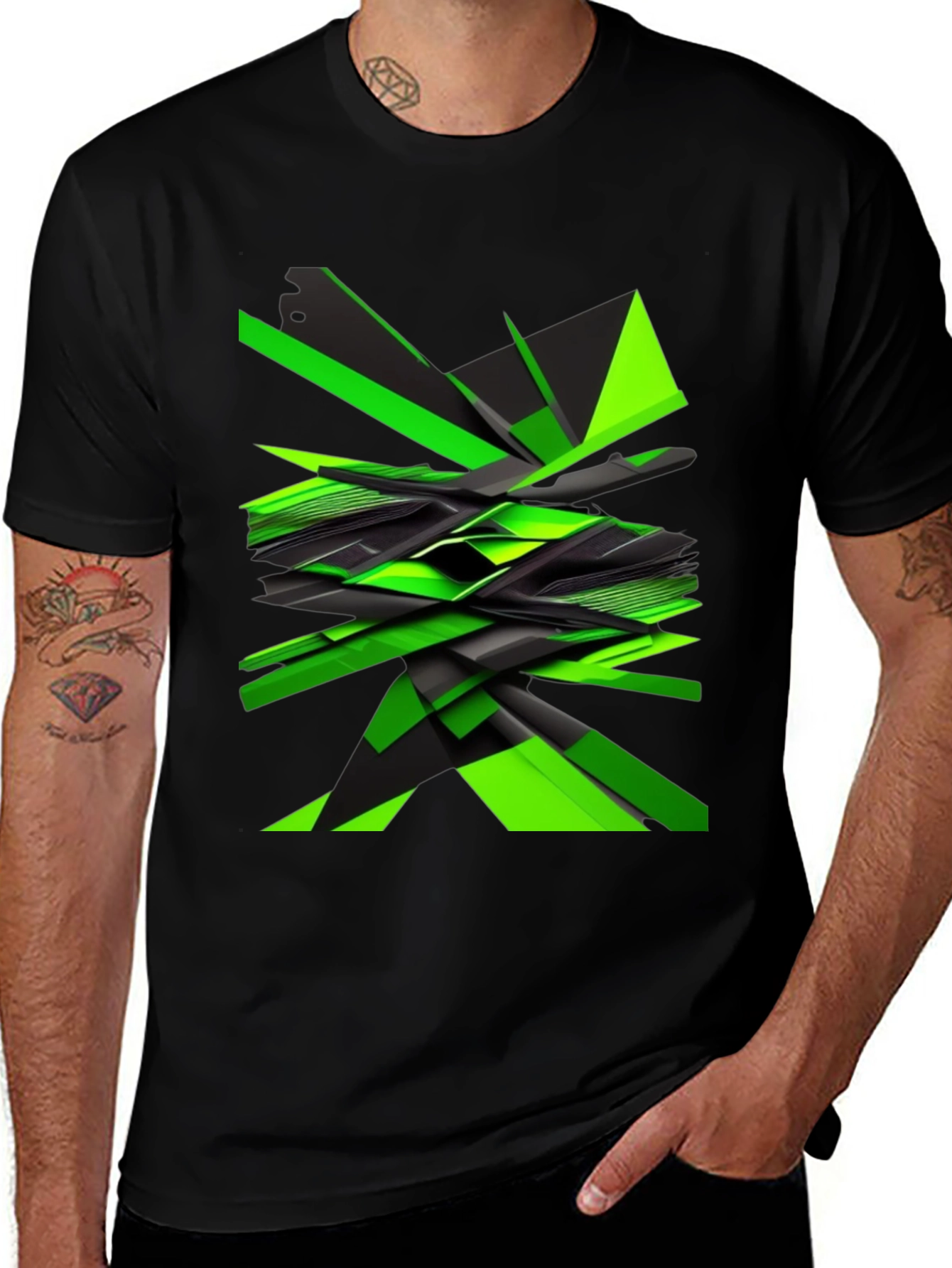 Variant 12 of Abstract Geometric Green Graphic Print Men's Black T-Shirt