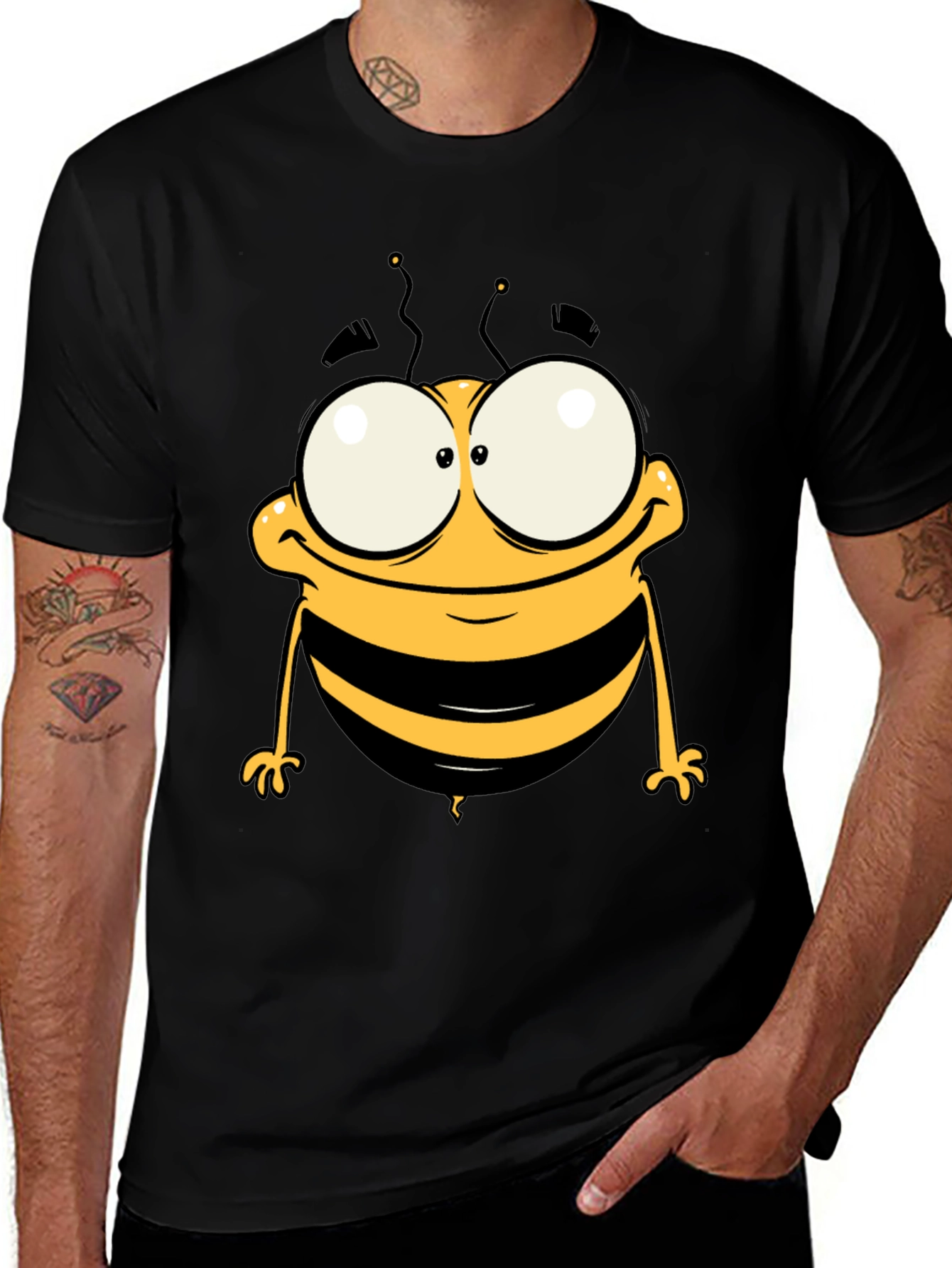 Variant 27 of Funny Cartoon Bee Graphic Tee - Black Cotton T-Shirt