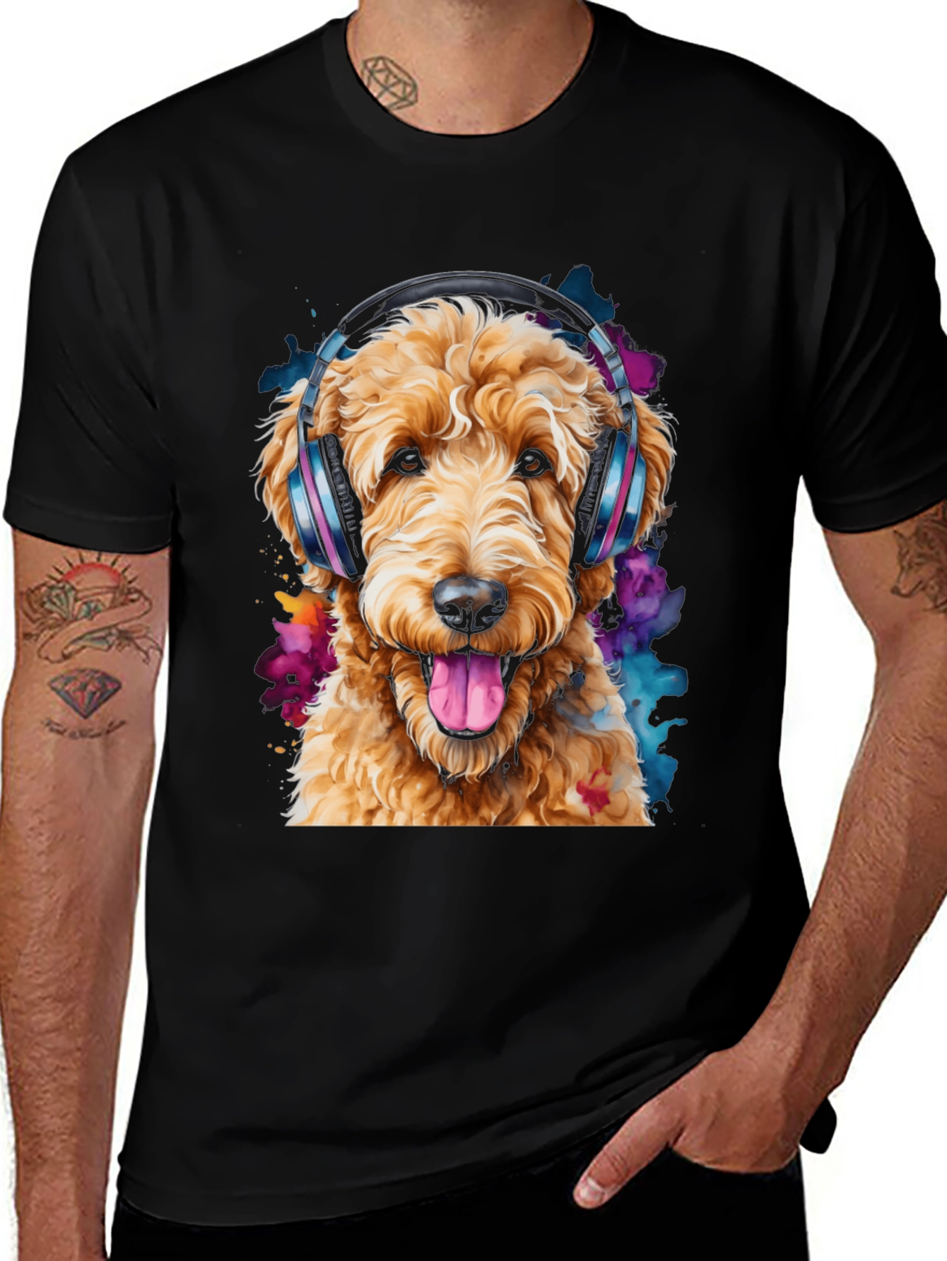Variant 15 of Dog with Headphones Black T-Shirt