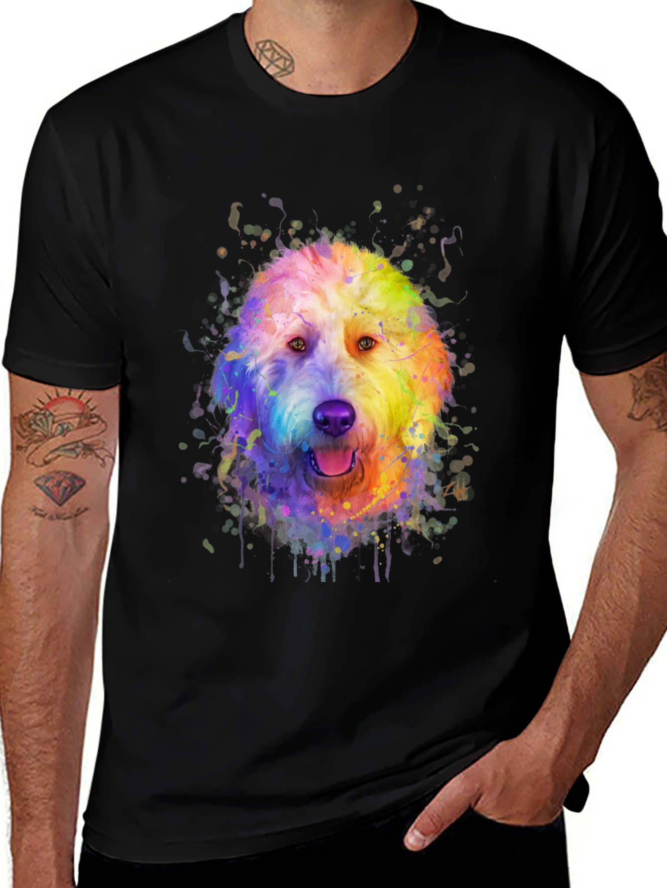 Variant 24 of Rainbow Doodle Dog Graphic Tee - Black Cotton T-Shirt