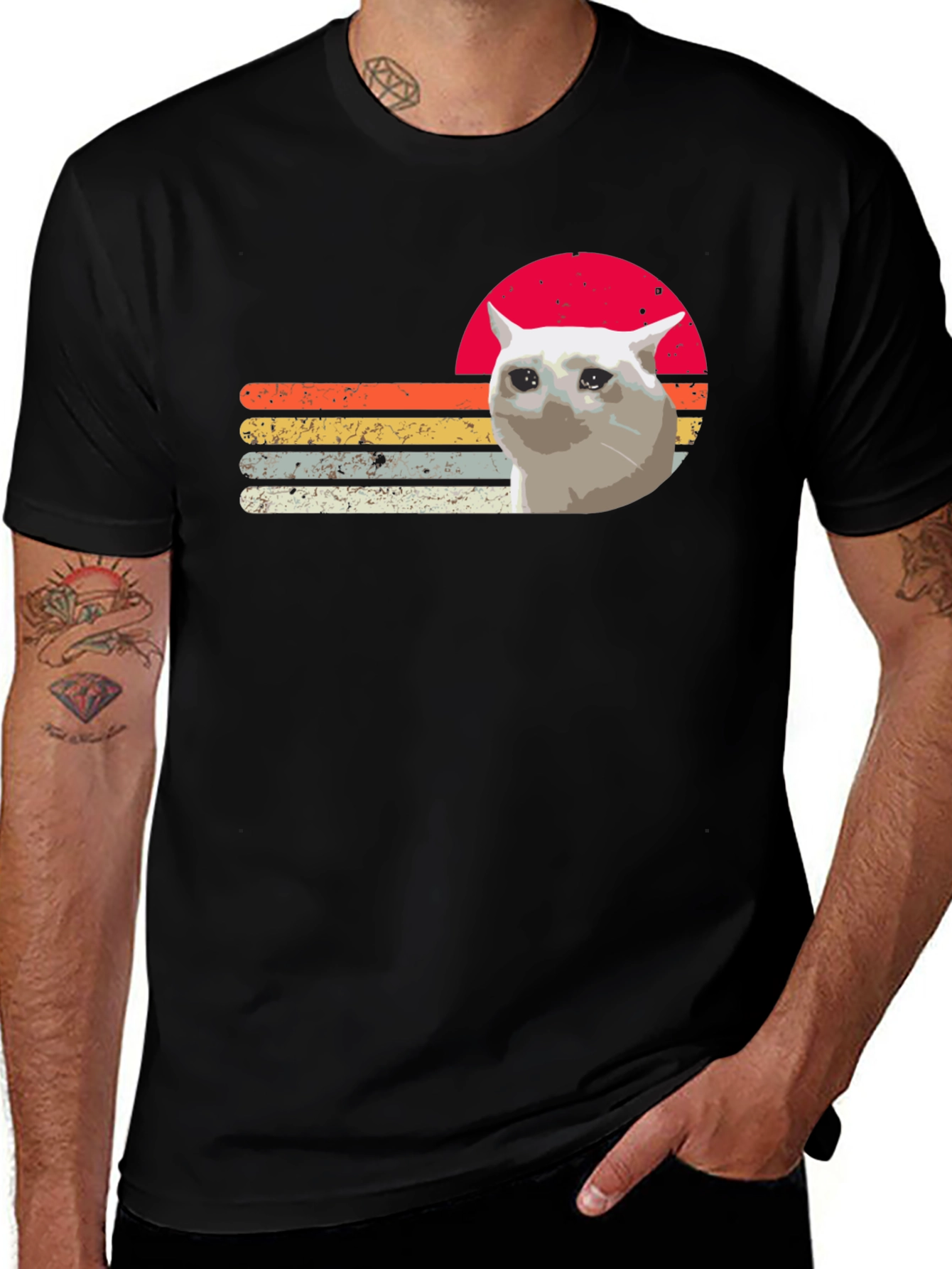 Variant 24 of Sad Cat Retro Sunset T-Shirt - Funny Meme Tee