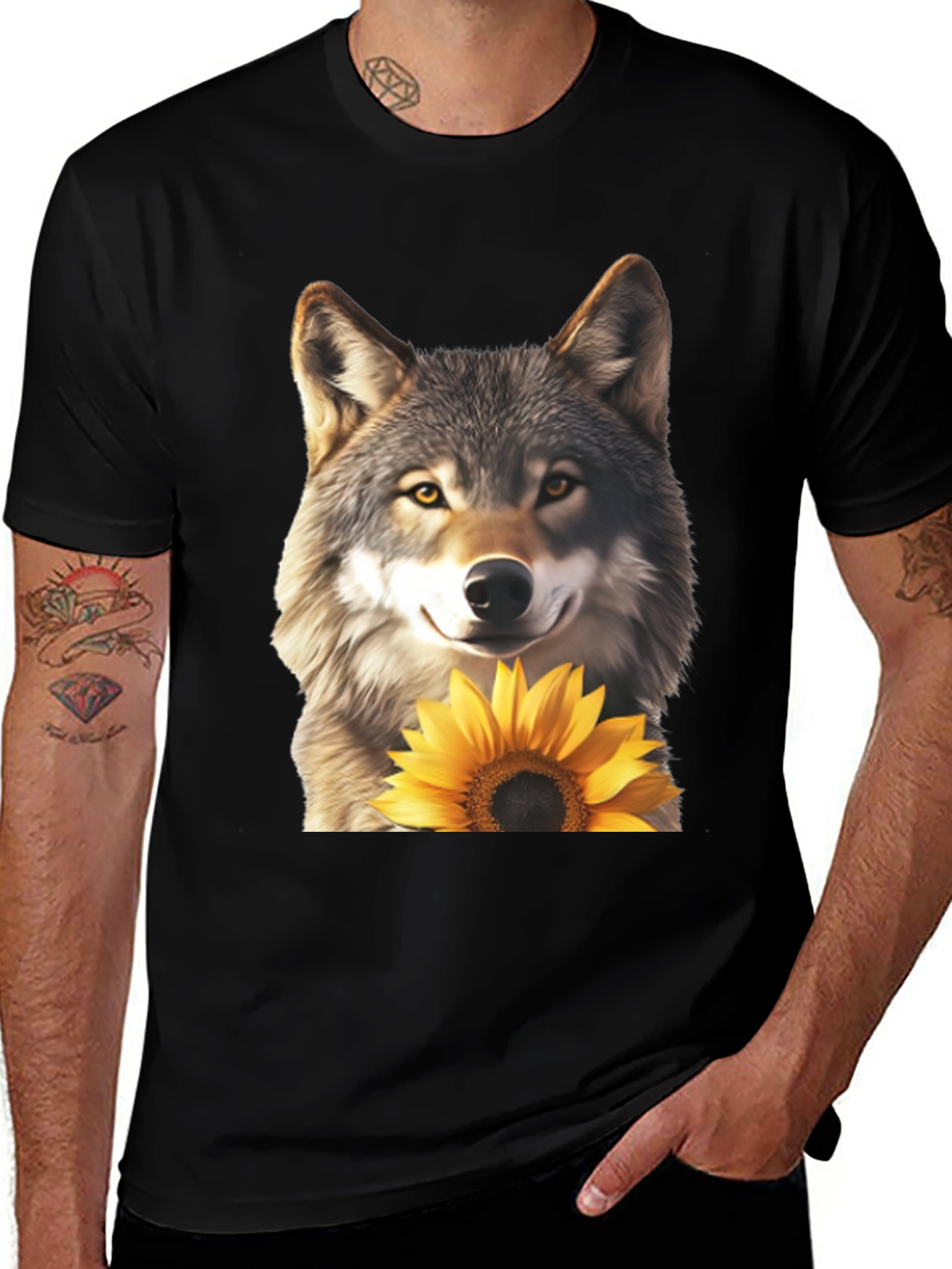 Variant 4 of Wolf & Sunflower Graphic Tee - Men's Black T-Shirt
