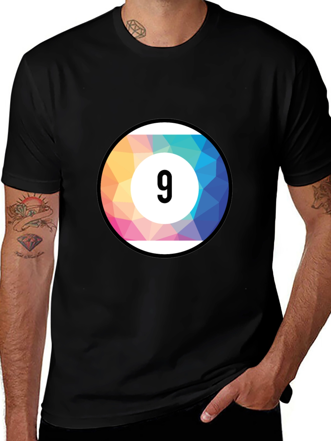 Variant 22 of Men's Black T-Shirt with Colorful Number 9 Ball Graphic