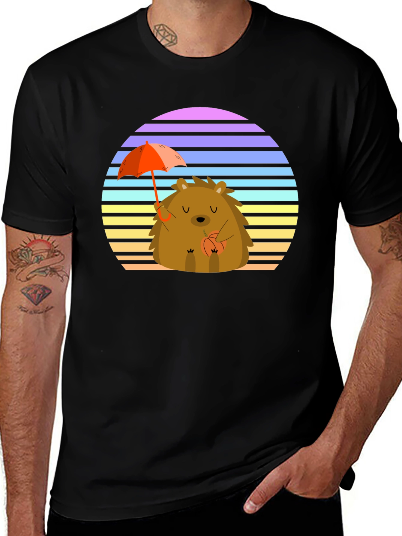 Variant 28 of Cute Hedgehog T-Shirt with Retro Sunset Design