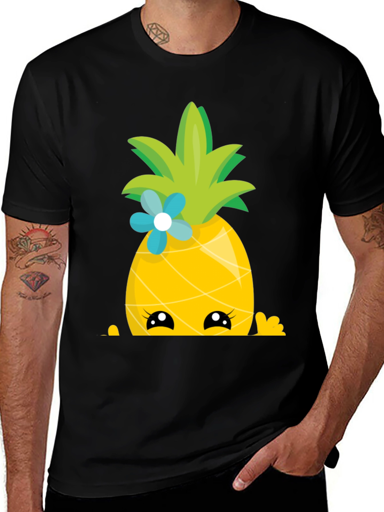 Black Cute Pineapple Peekaboo Graphic T-Shirt main image