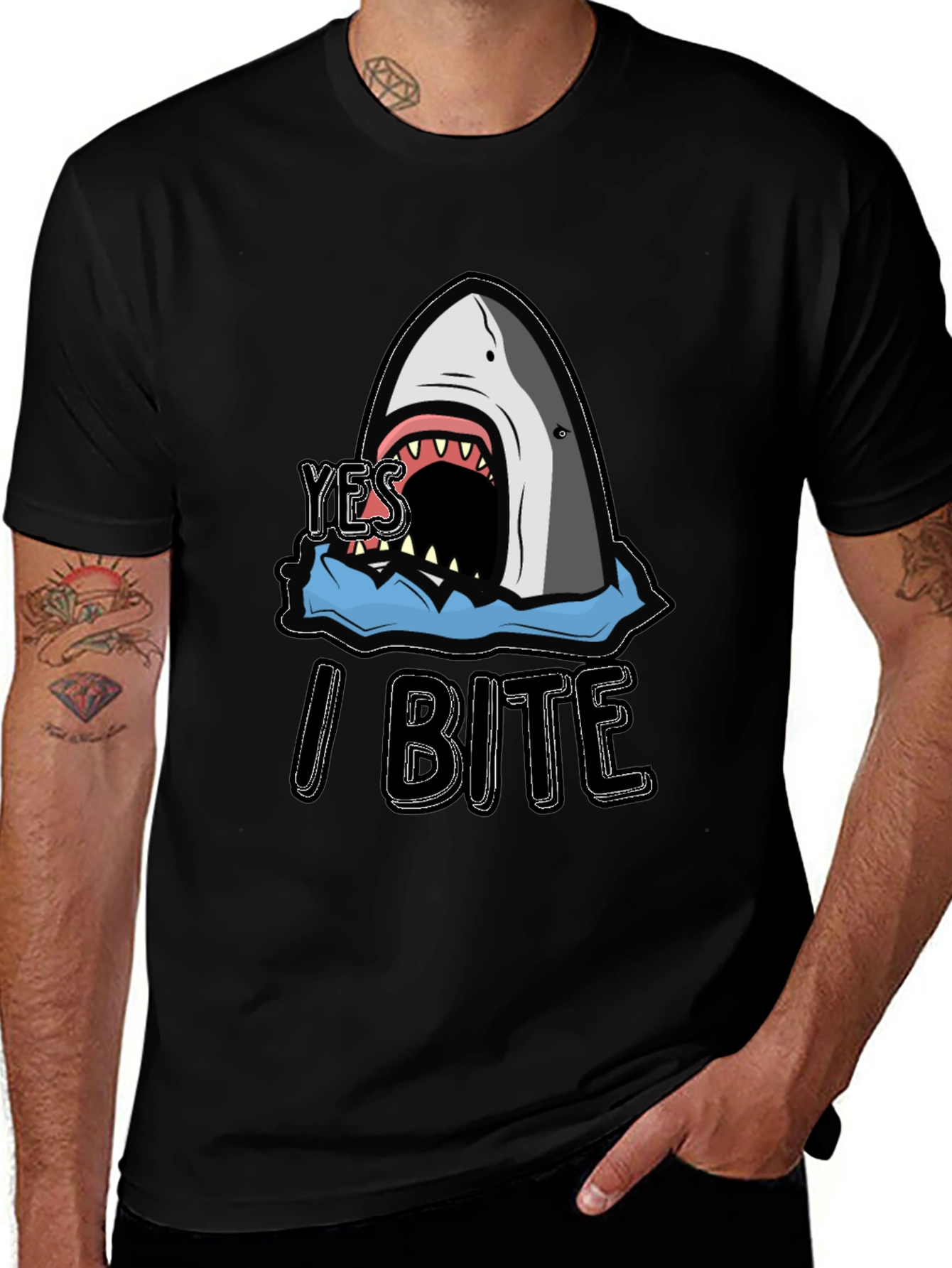 Variant 24 of Yes I Bite Shark Graphic Black T-Shirt