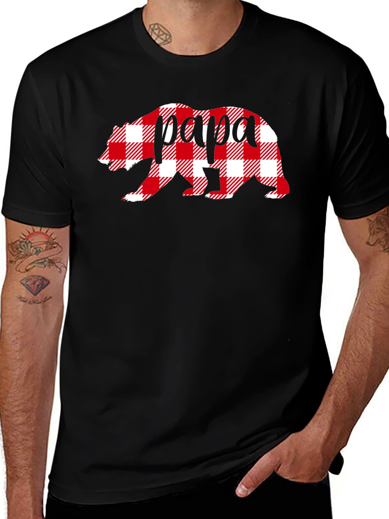 Variant 3 of Papa Bear Plaid Graphic Tee - Men's Black T-Shirt