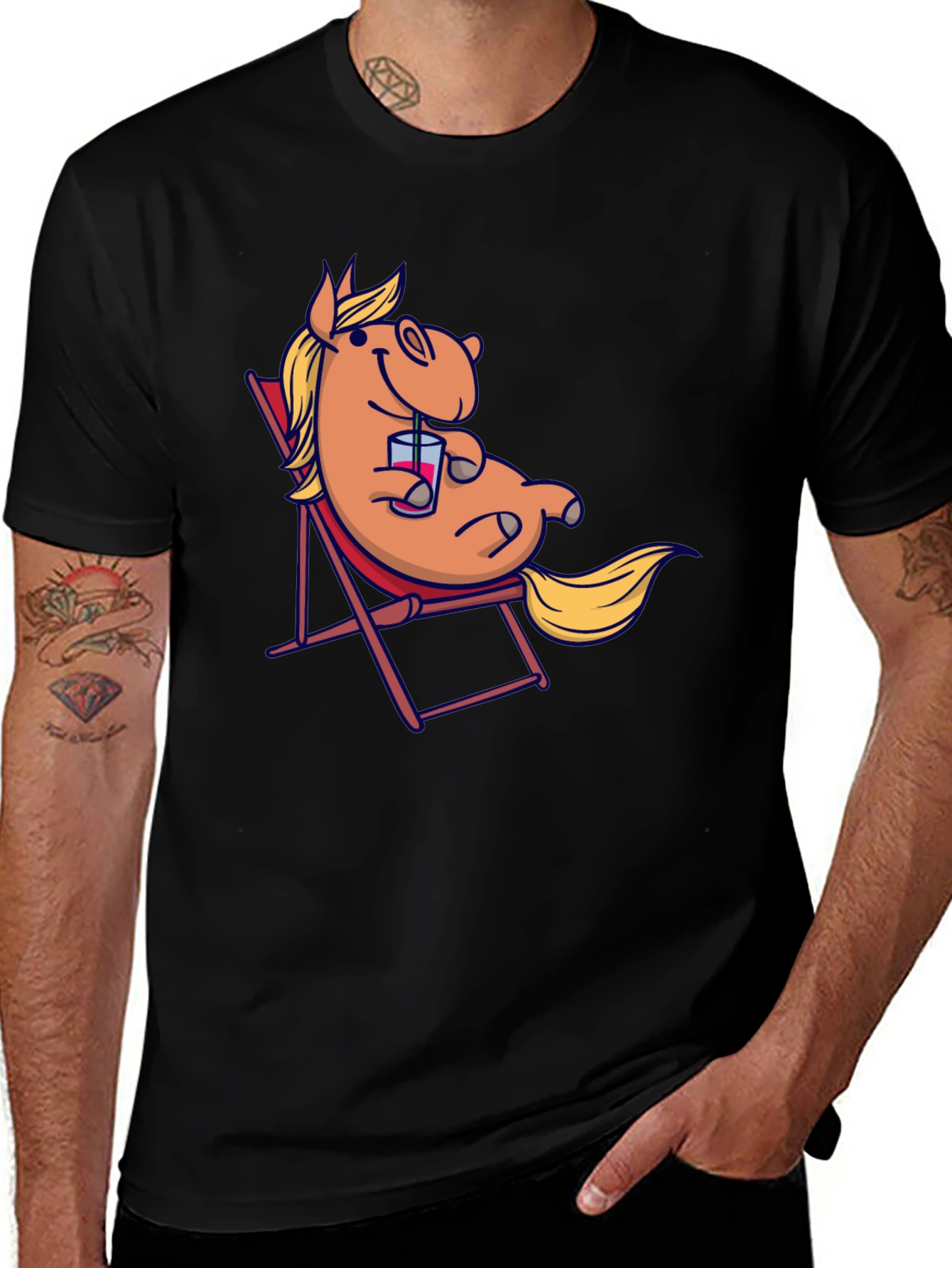 Variant 11 of Relaxed Cartoon Horse T-Shirt - Black Cotton Tee