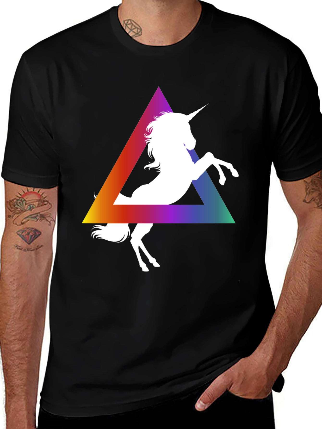 Variant 17 of Unicorn Rainbow Triangle Graphic Tee - Black Cotton T-Shirt