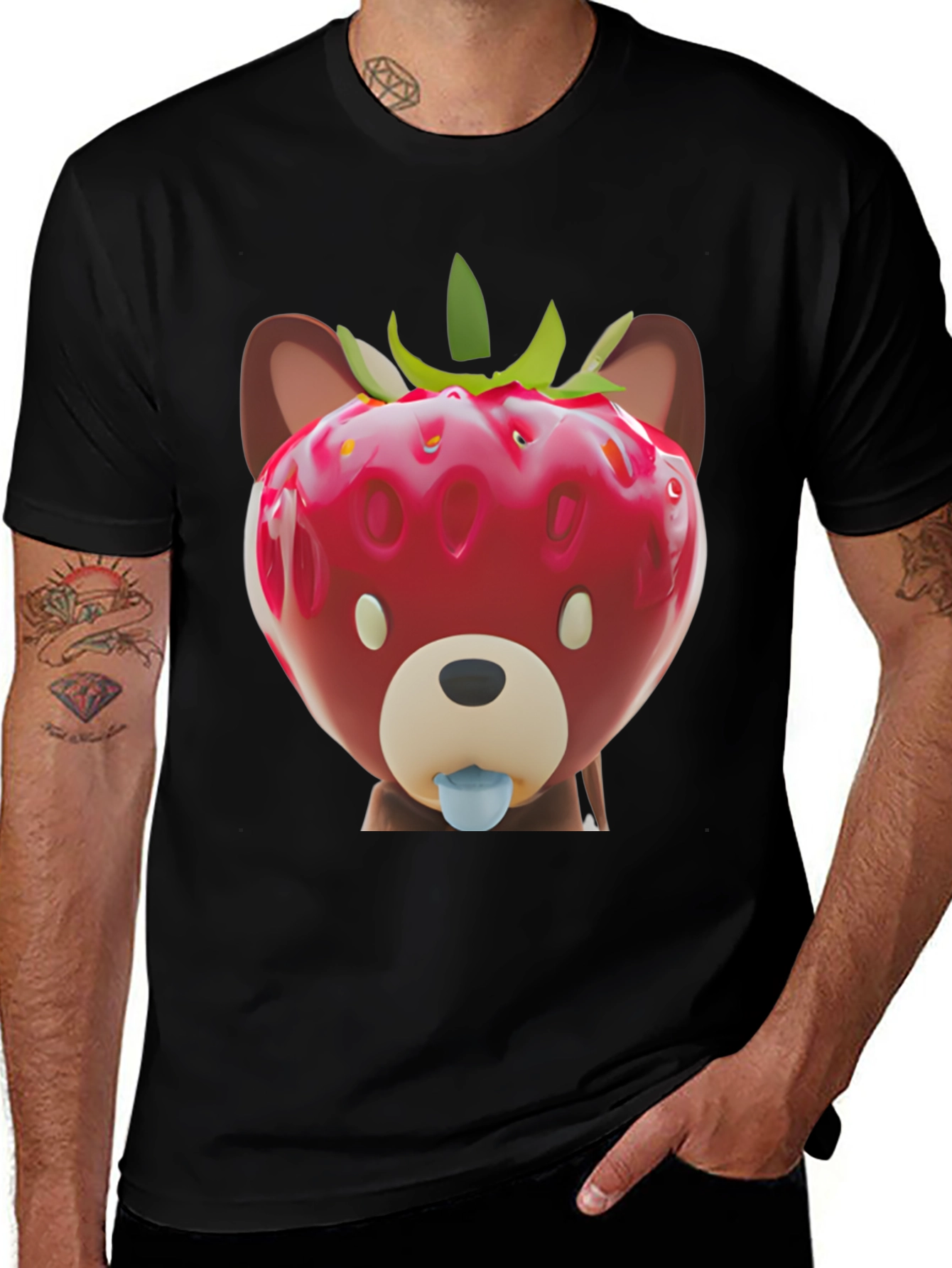 Variant 12 of Strawberry Bear Graphic Tee - Unique Men's Black T-Shirt