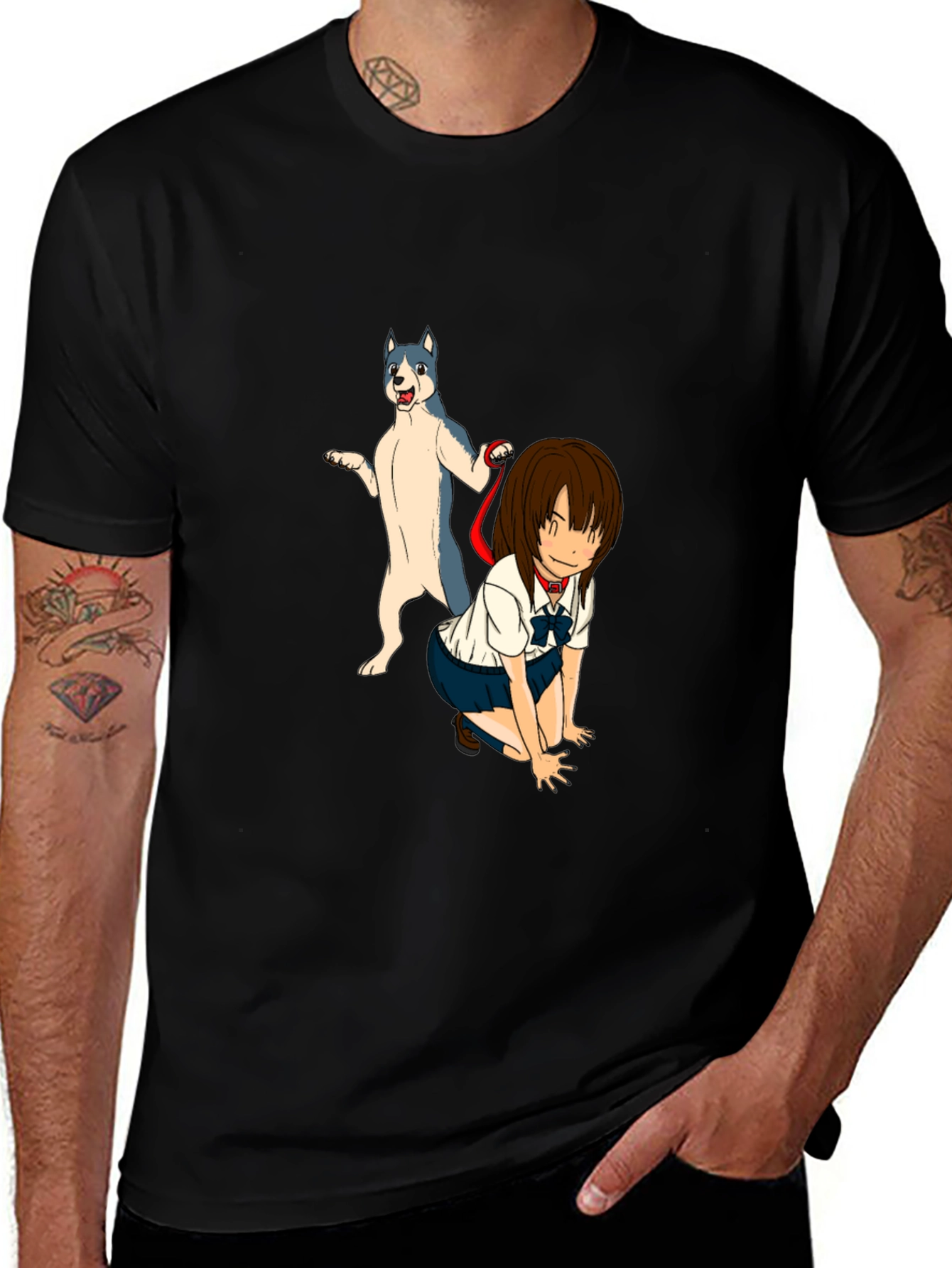 Variant 3 of Anime Girl & Dog Graphic Black T-Shirt