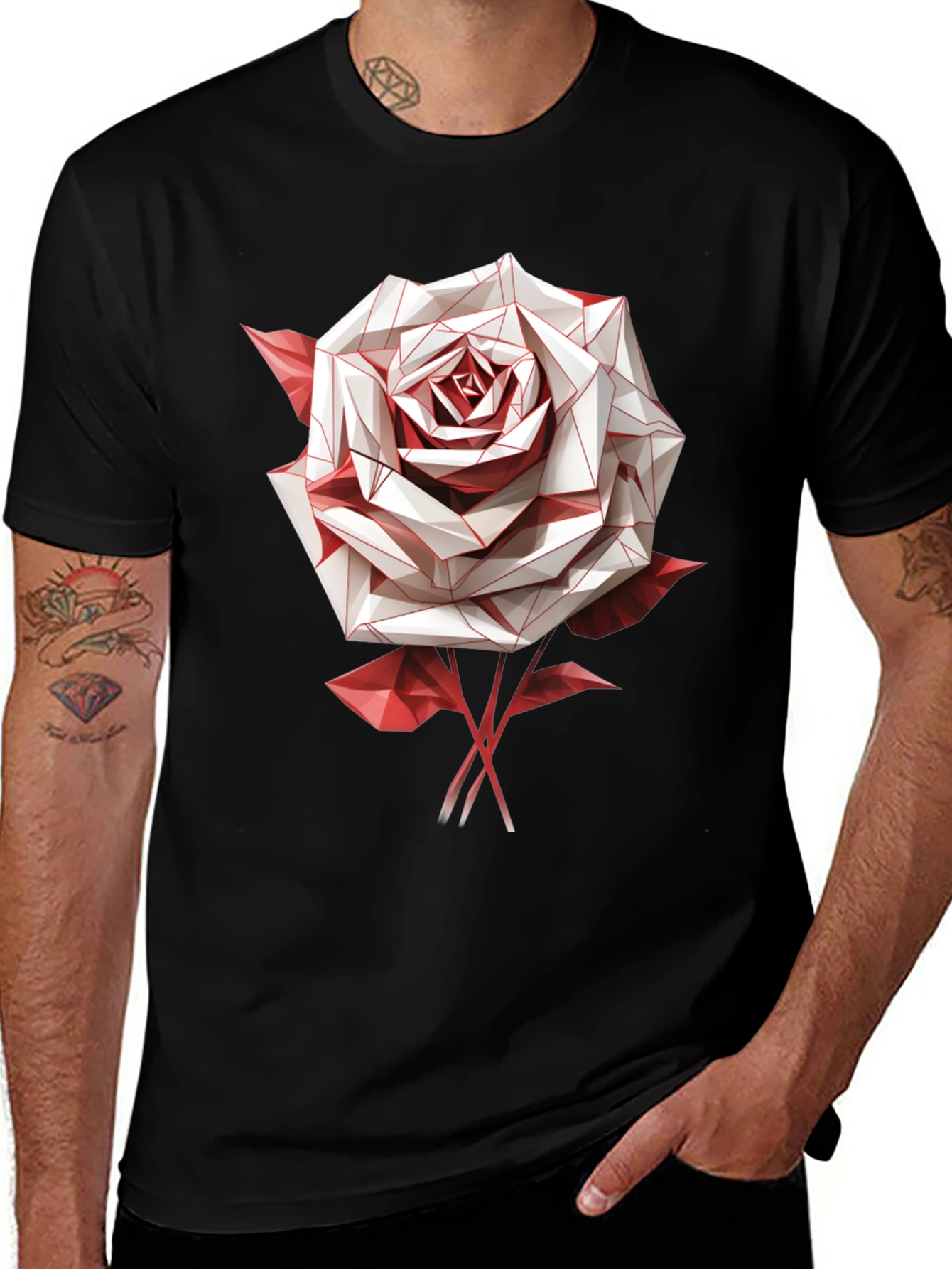Variant 12 of Geometric Rose Graphic Tee - Stylish Men's Black T-Shirt