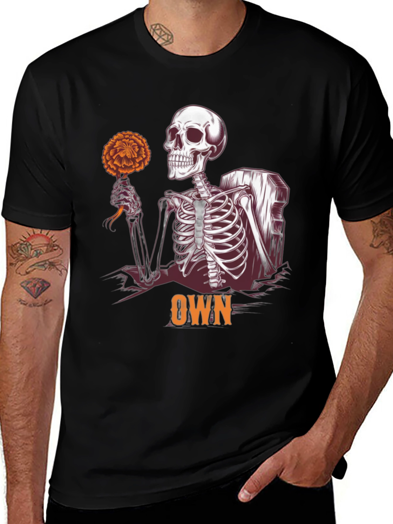 Variant 21 of Skeleton Holding Flower Graphic Tee