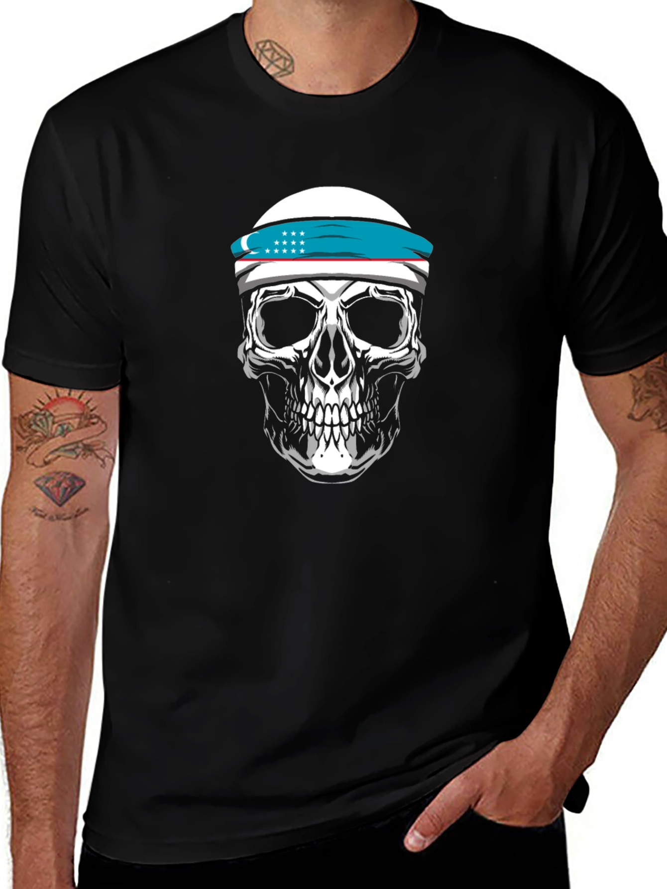 Variant 29 of Skull T-Shirt with Uzbekistan Flag Headband