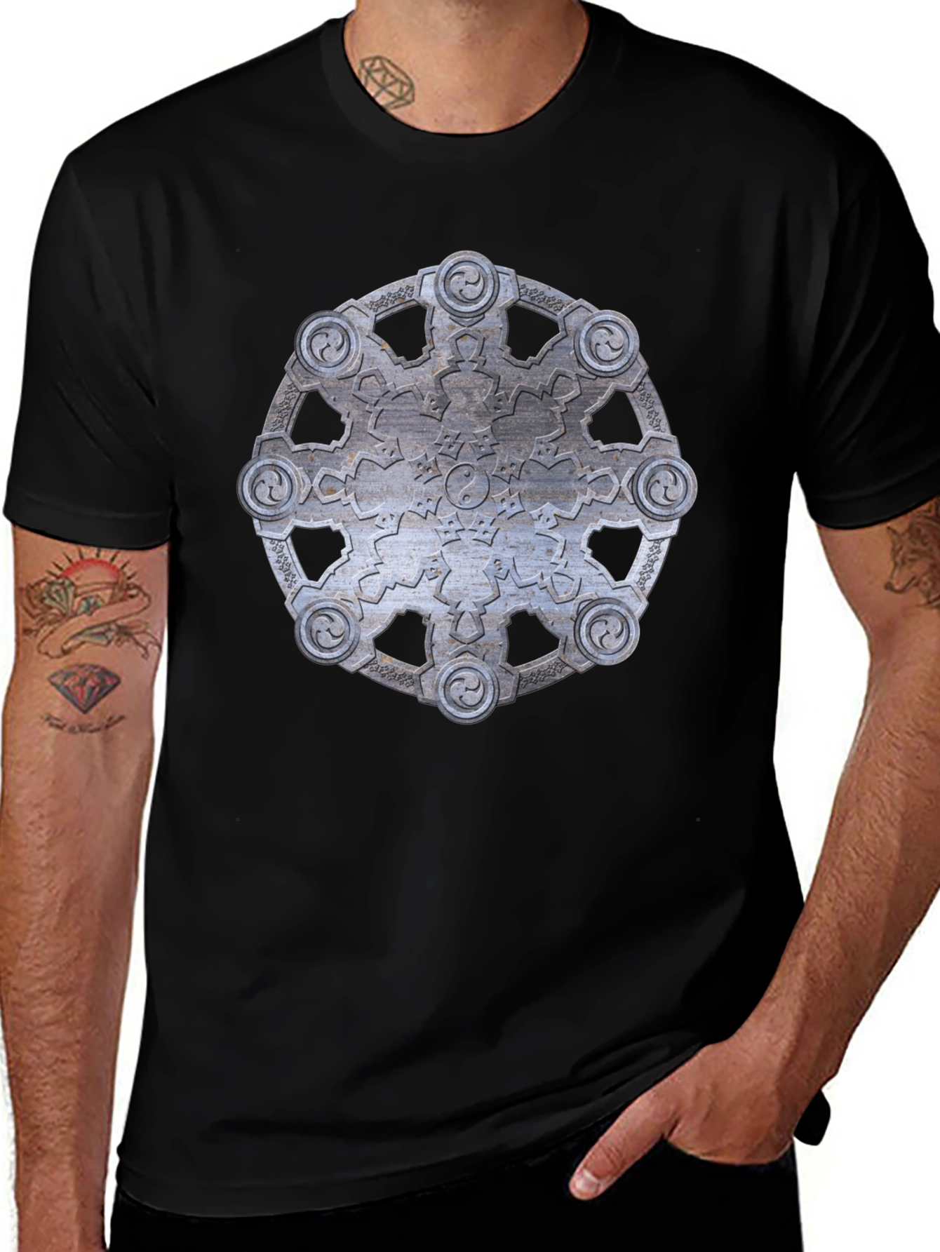 Variant 19 of Abstract Metallic Wheel Design Black T-Shirt
