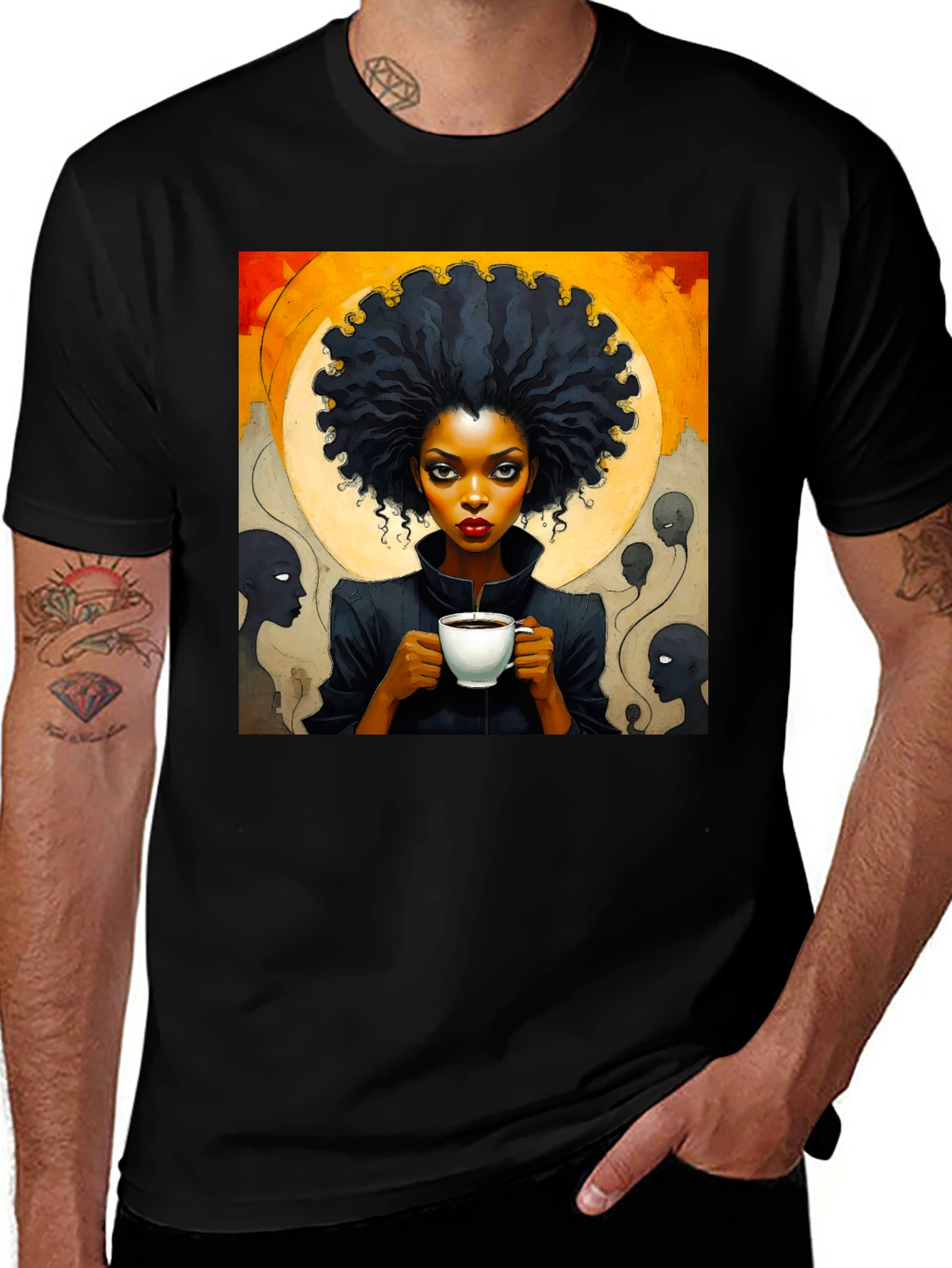 Variant 18 of Afro Art Tee: Coffee Woman Black Shirt