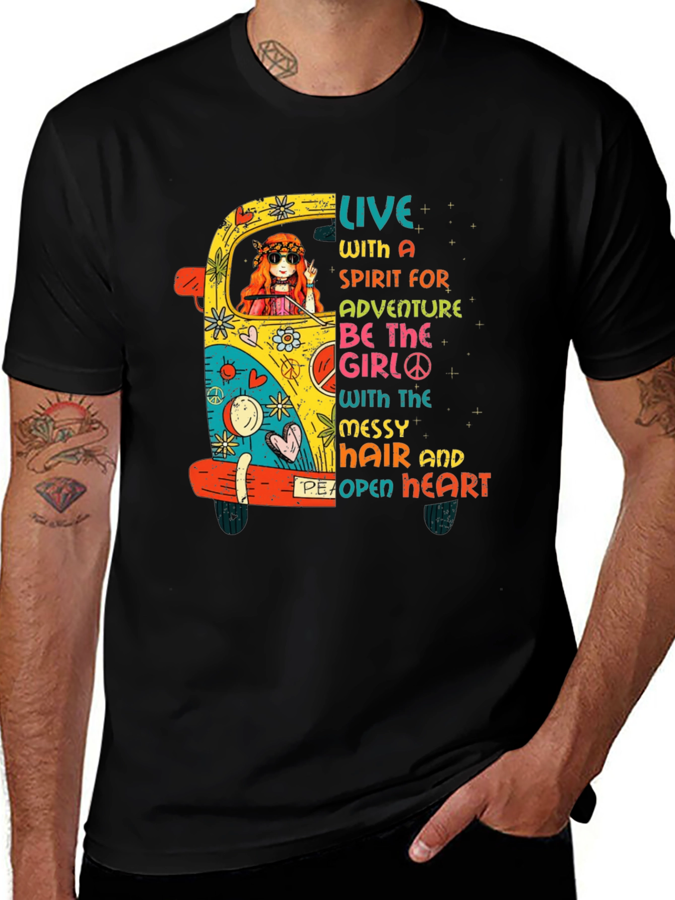 Variant 30 of Hippie Van T-Shirt - Live with Spirit, Messy Hair, Open Heart
