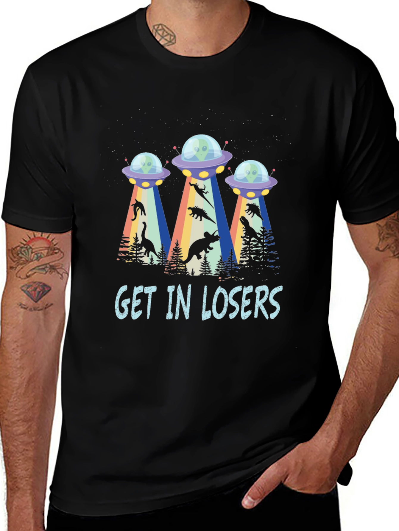 Variant 23 of Get In Losers UFO Dinosaur Abduction T-Shirt