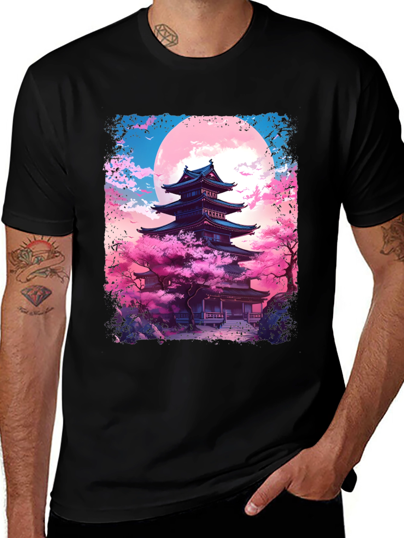 Variant 2 of Japanese Temple Sakura Moon Men's Graphic Tee