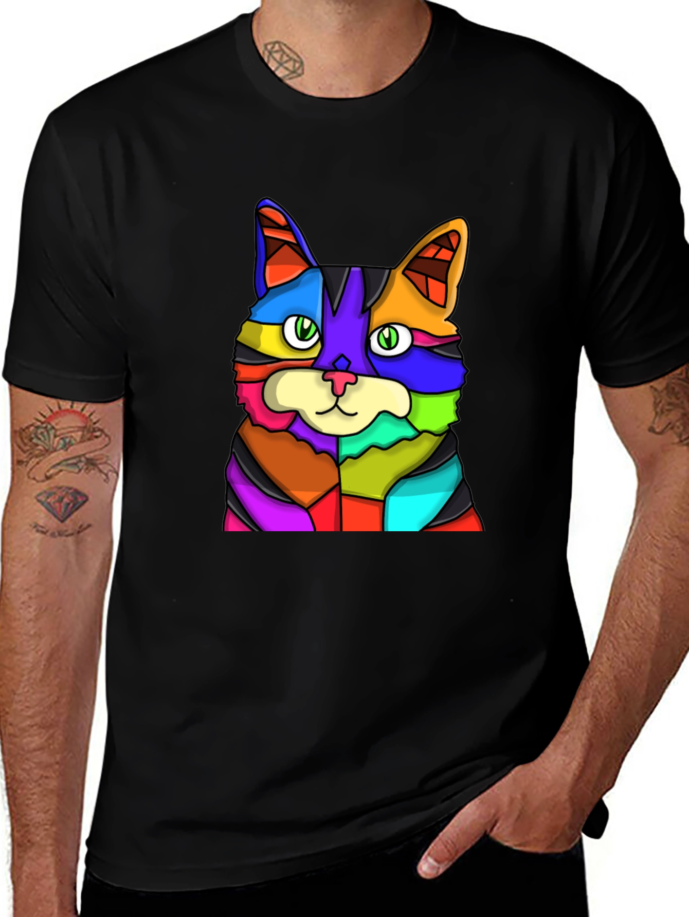 Variant 25 of Colorful Cat Graphic Black T-Shirt