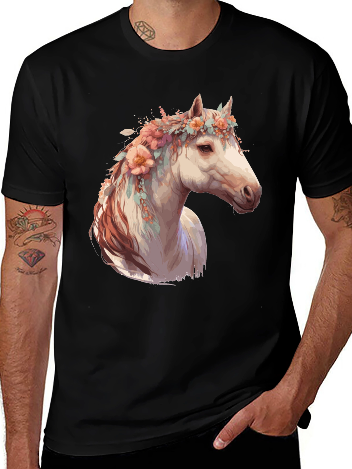 Variant 27 of Floral Horse Head Black Graphic Tee