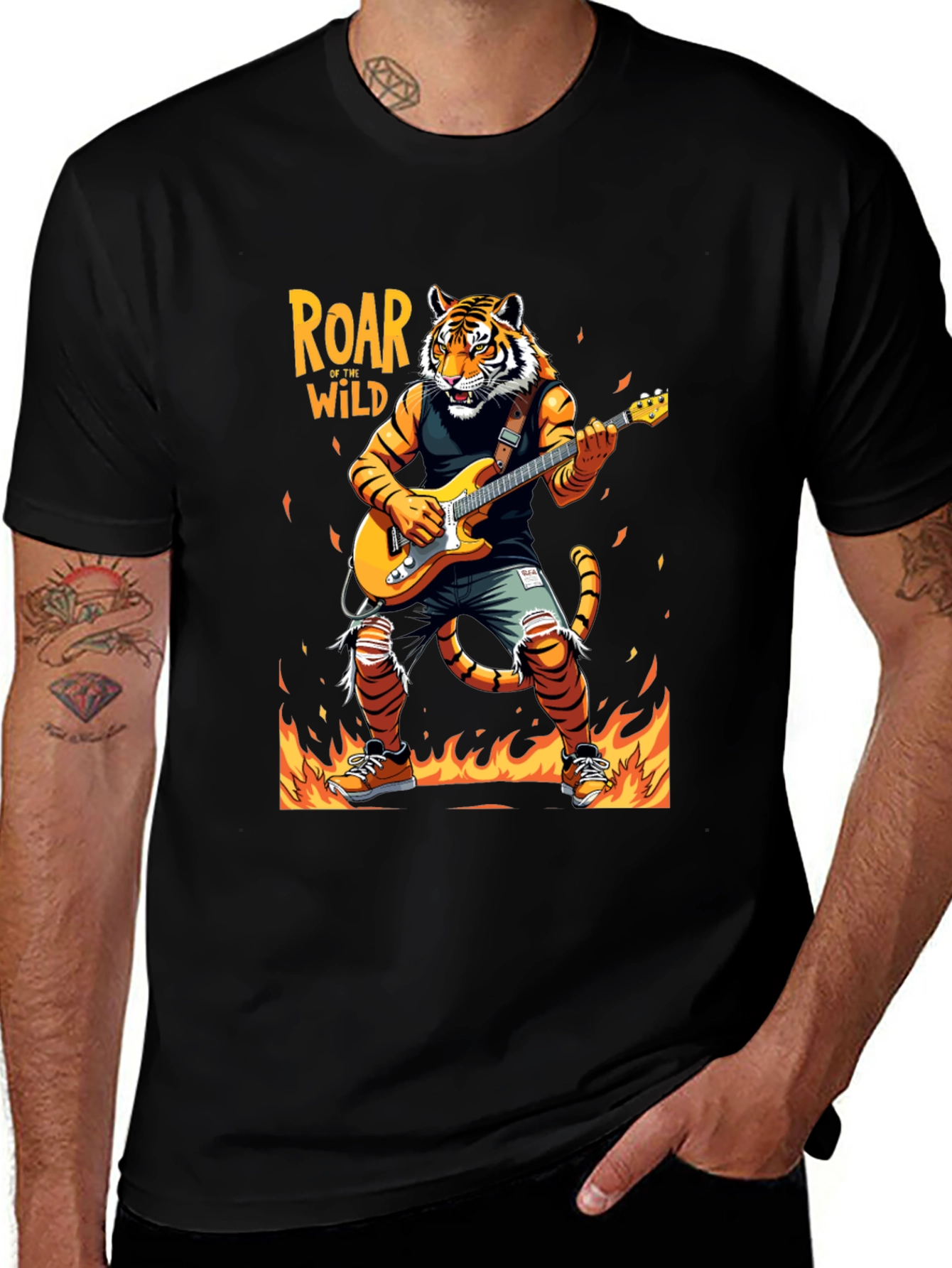 Variant 28 of Roar Wild Tiger Graphic Tee - Rocking Guitarist T-Shirt