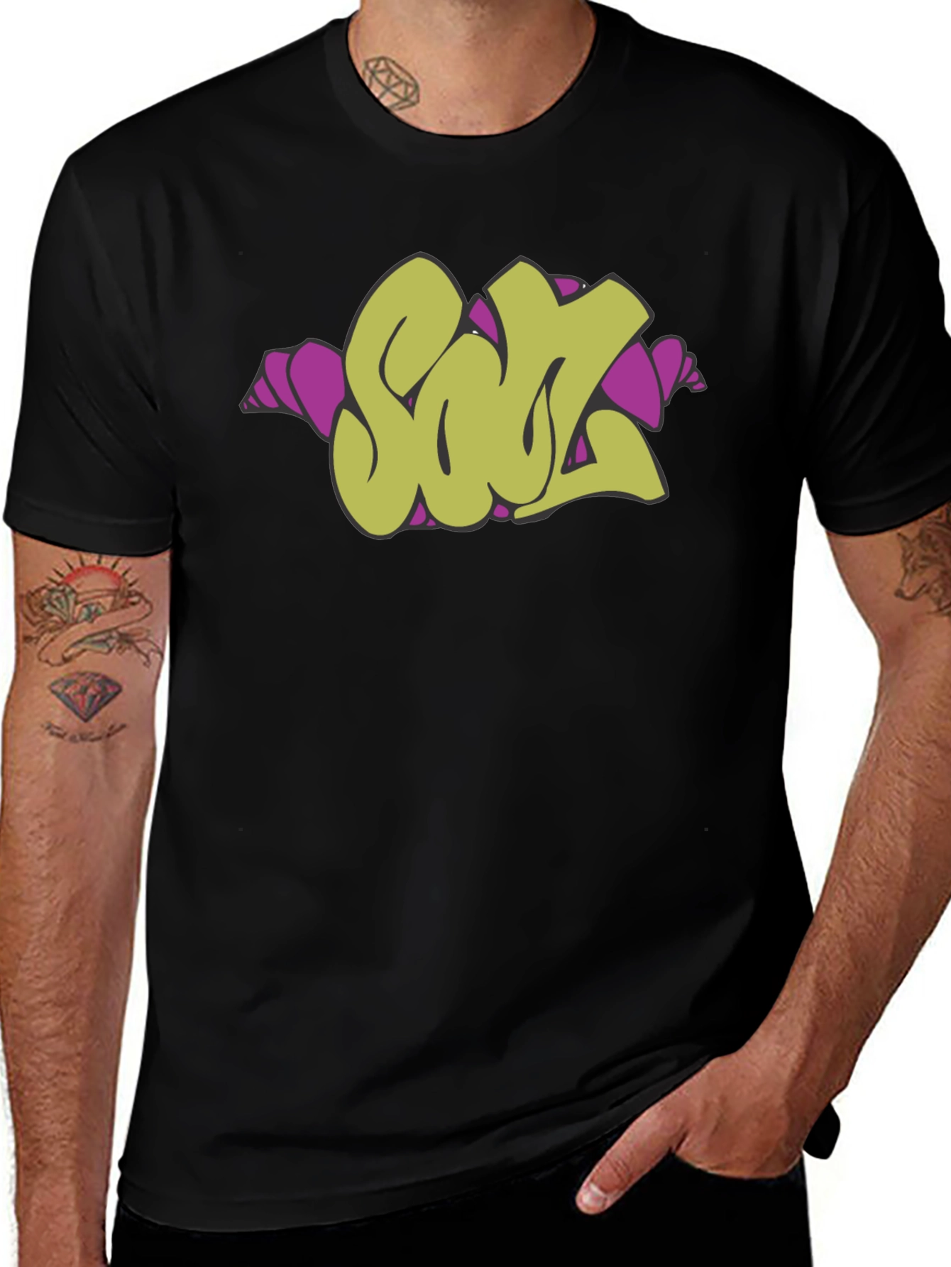 Variant 14 of Graffiti Style Olive 'SOUL' Graphic Black T-Shirt