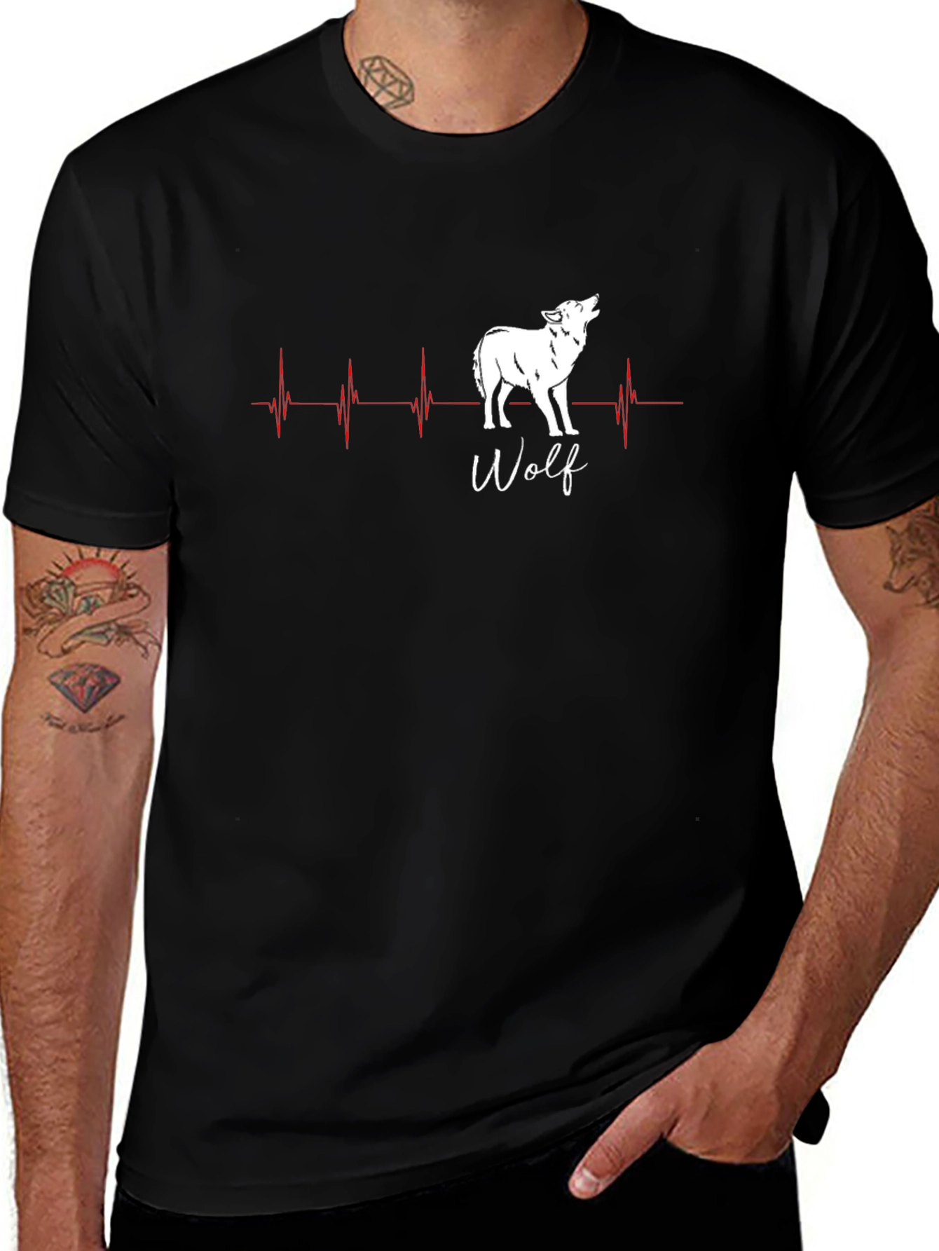 Black Wolf Heartbeat T-Shirt - Men's Black Graphic Tee main image