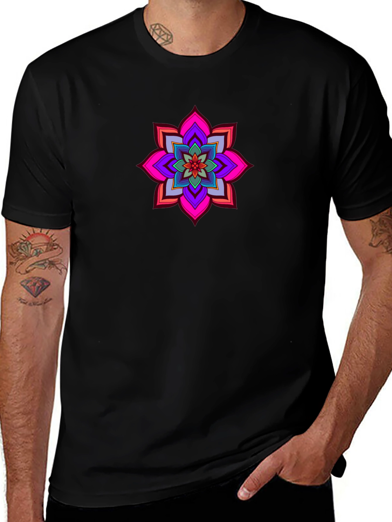 Variant 30 of Vibrant Mandala Graphic Tee - Black Cotton Comfort