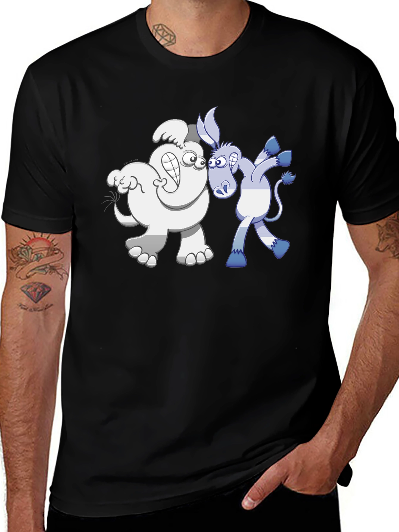 Variant 2 of Cartoon Elephant & Donkey Tee - Black