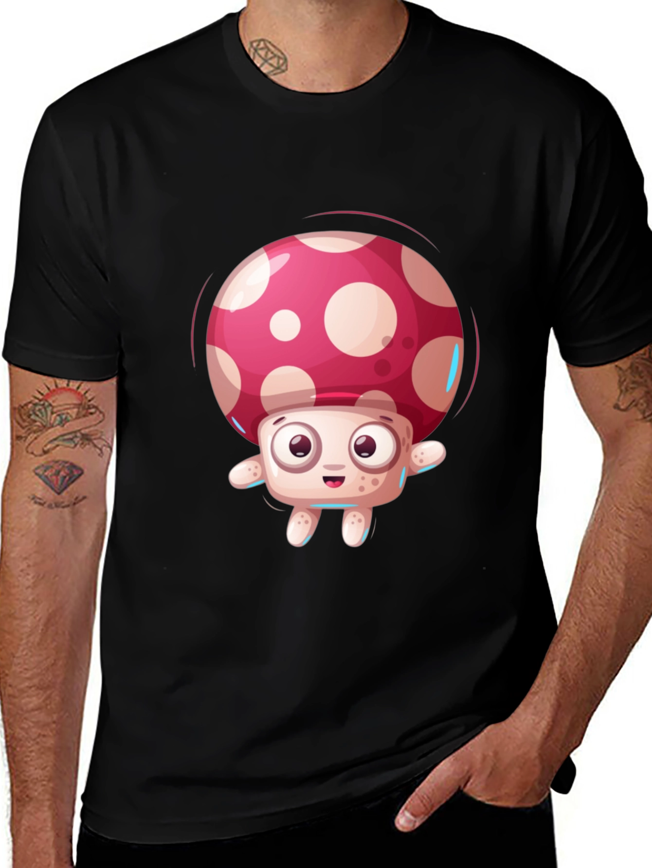 Variant 11 of Cartoon Mushroom Graphic Tee - Funky Black T-Shirt