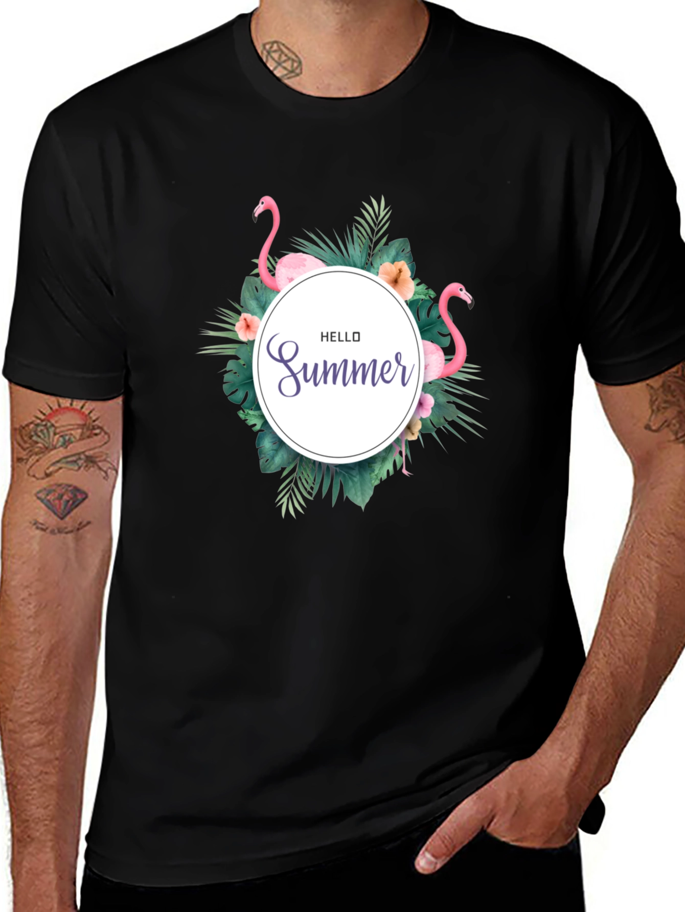 Variant 15 of Tropical Flamingo Black T-Shirt - Hello Summer Design