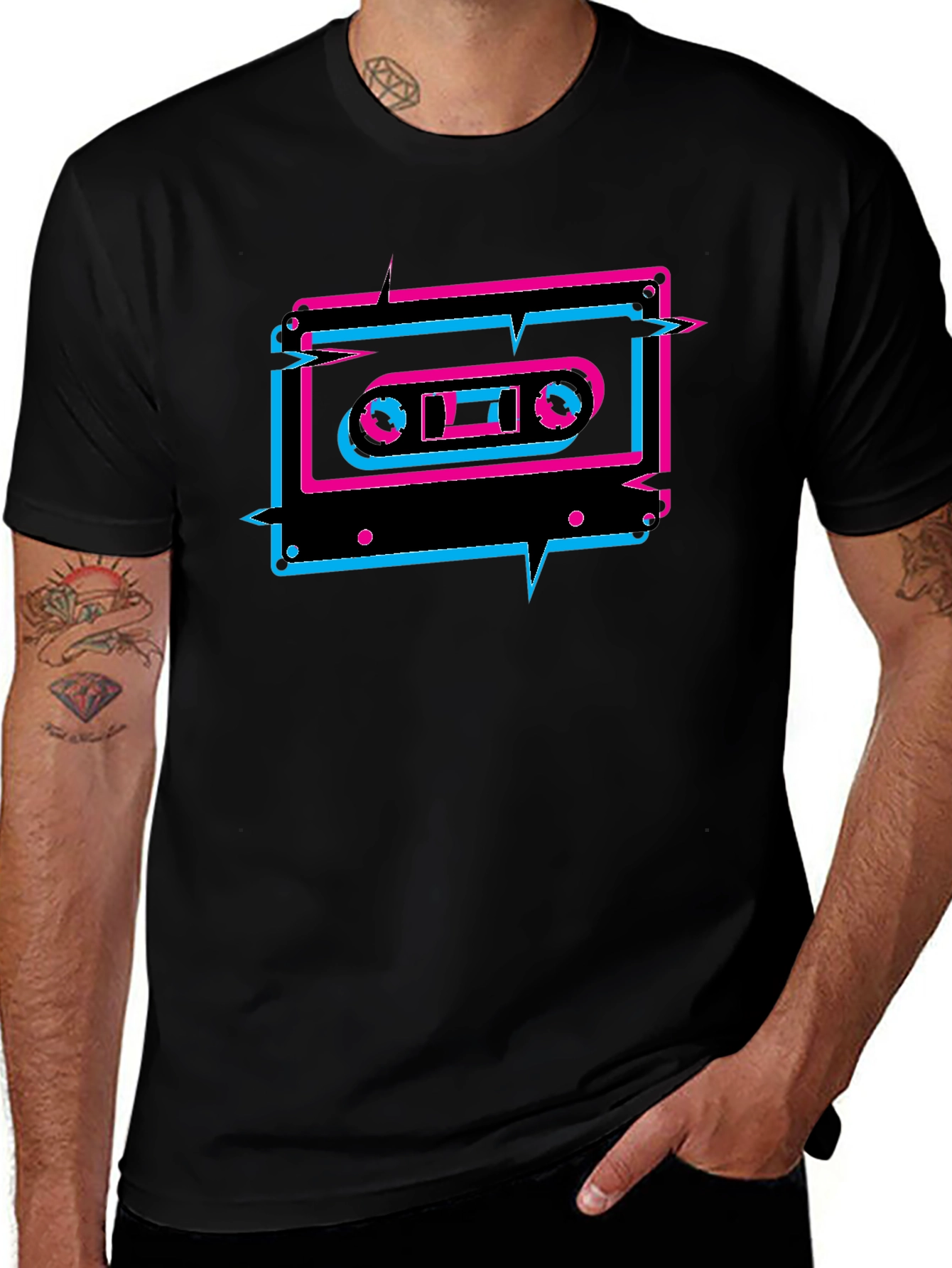 Retro Cassette Glitch T-Shirt - Black