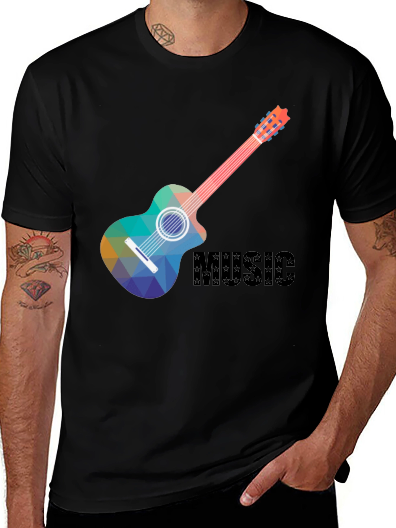 Variant 16 of Geometric Guitar Music Tee - Stylish Men's Black T-Shirt