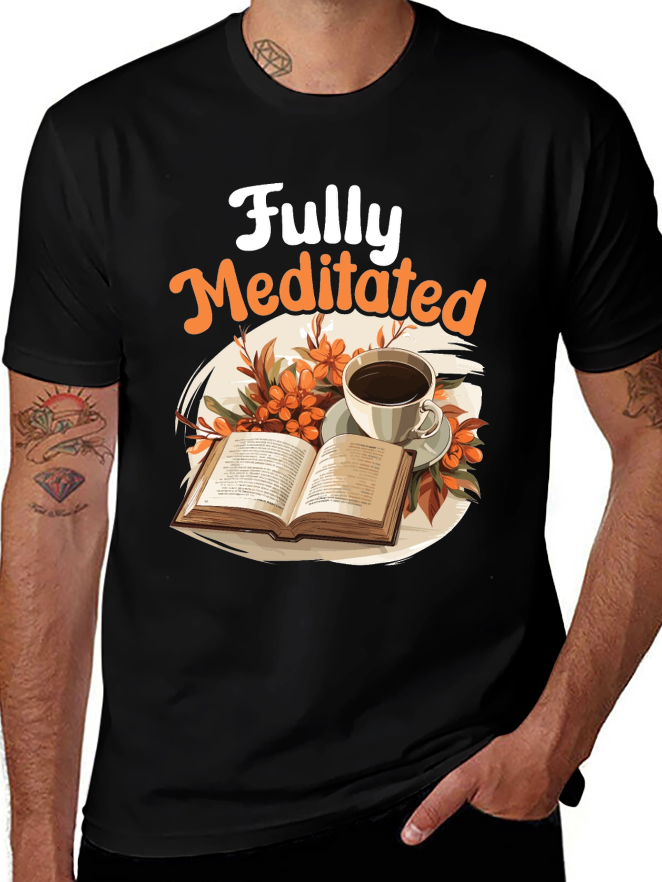 Variant 2 of Fully Meditated T-Shirt: Book & Coffee Design