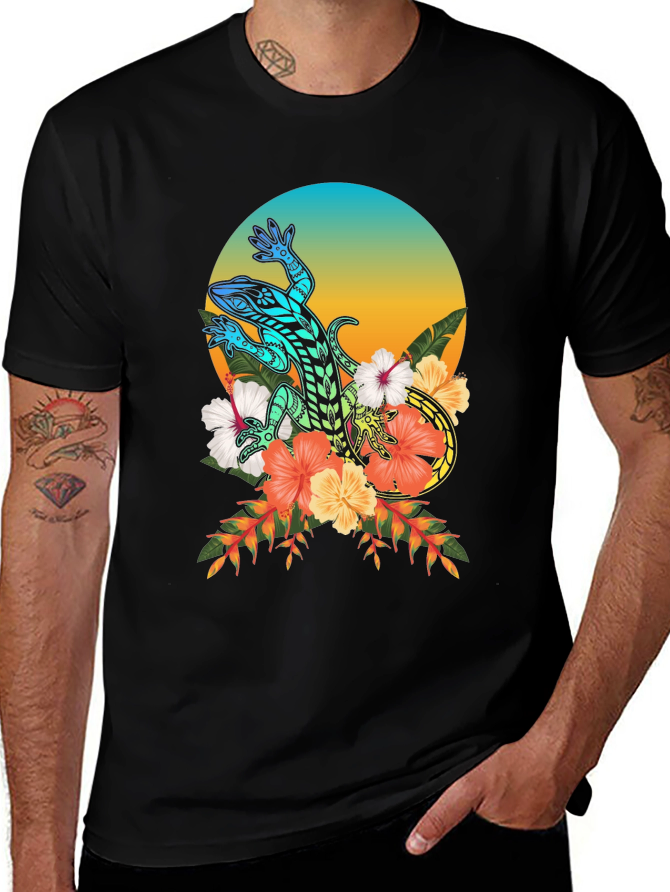 Lizard Floral Graphic T-Shirt - Black