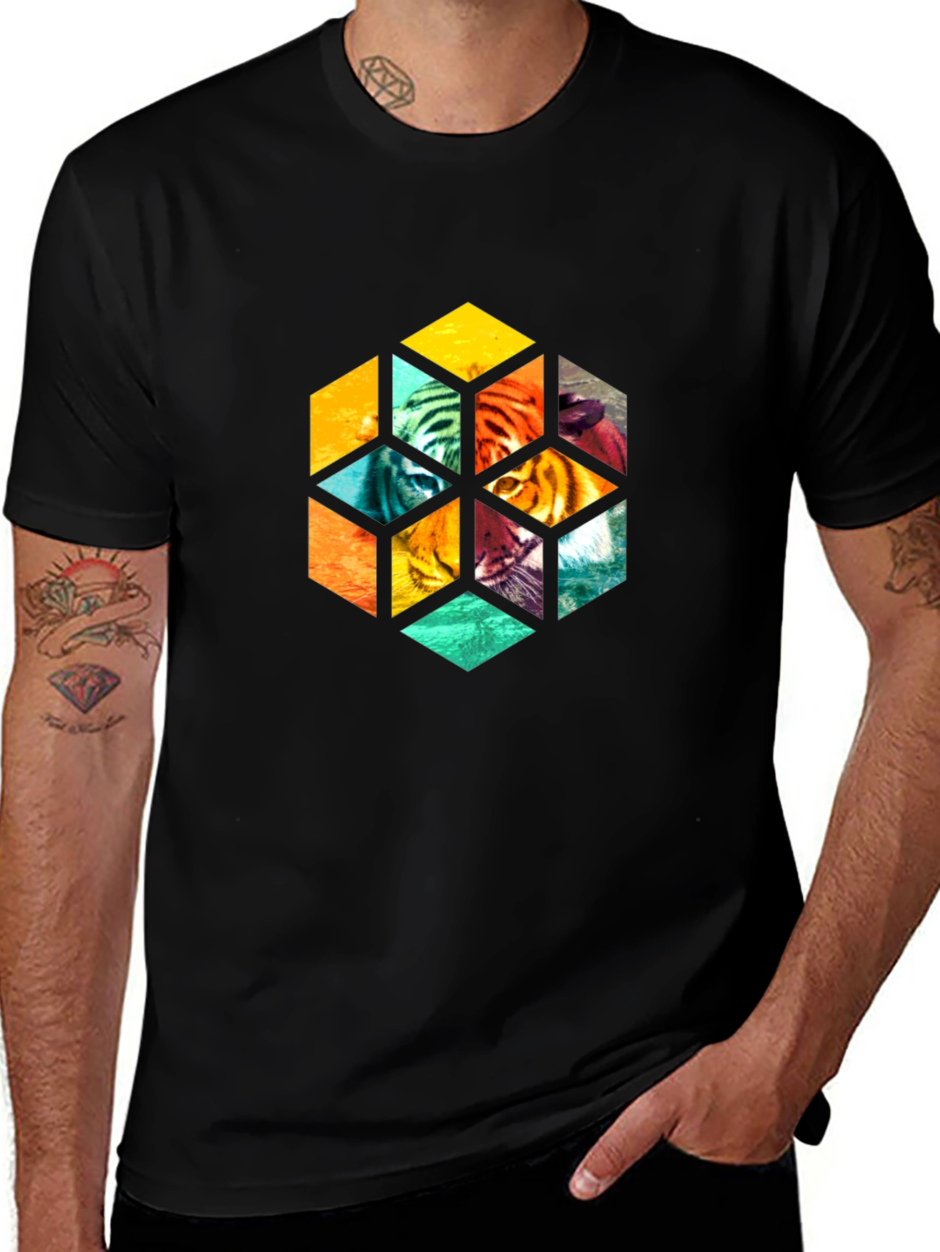 Variant 20 of Geometric Tiger Graphic Black T-Shirt