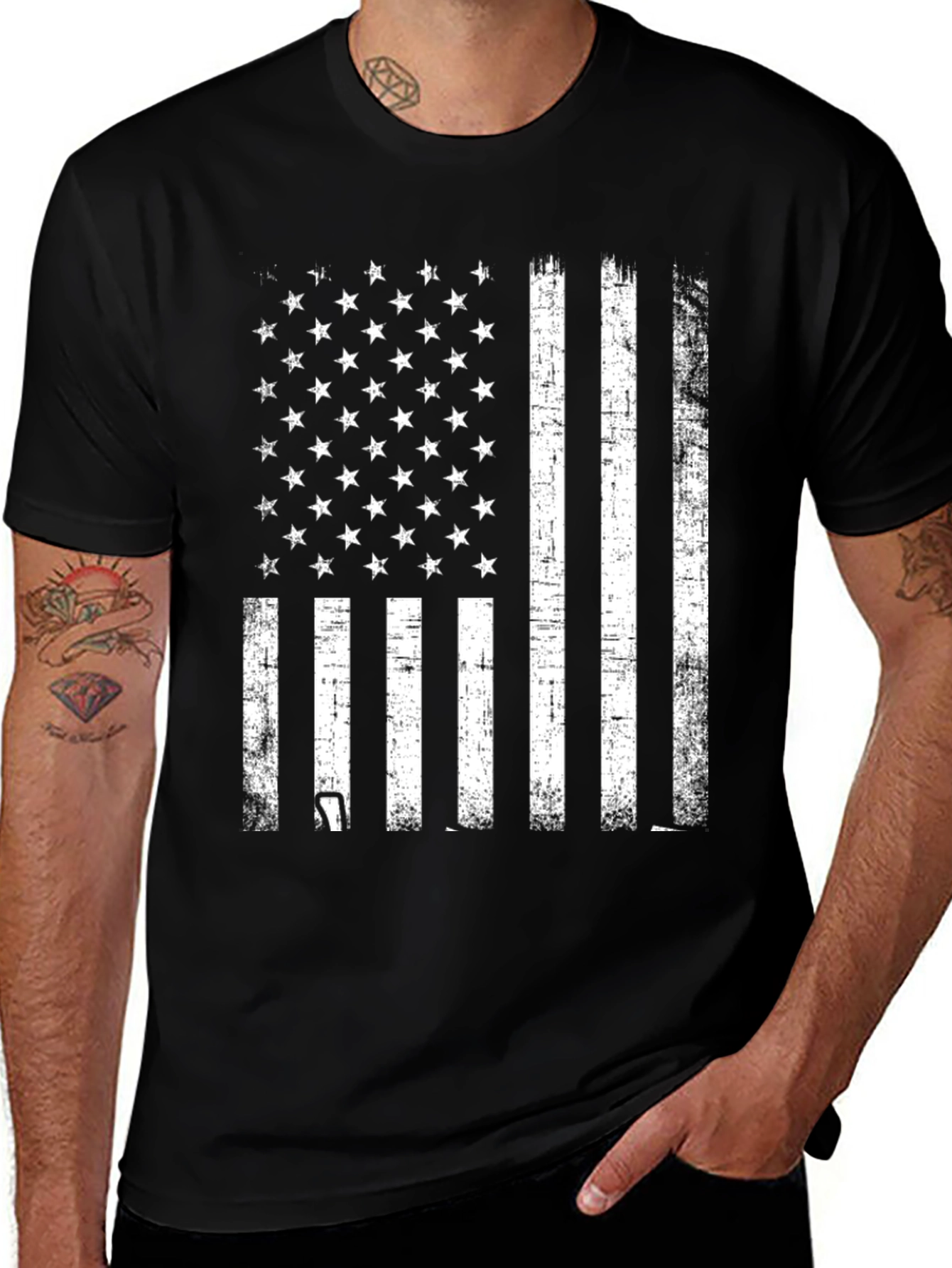 Distressed American Flag Graphic Tee - Black