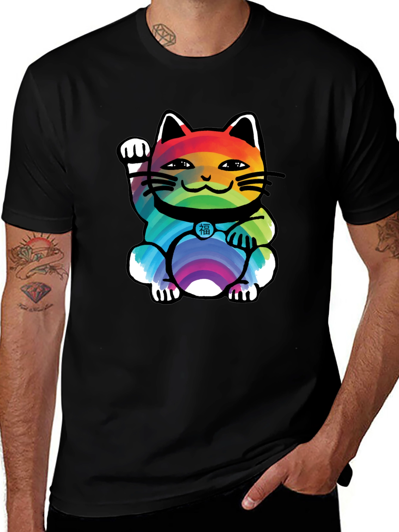 Variant 23 of Lucky Rainbow Cat T-Shirt - Unisex Black Tee