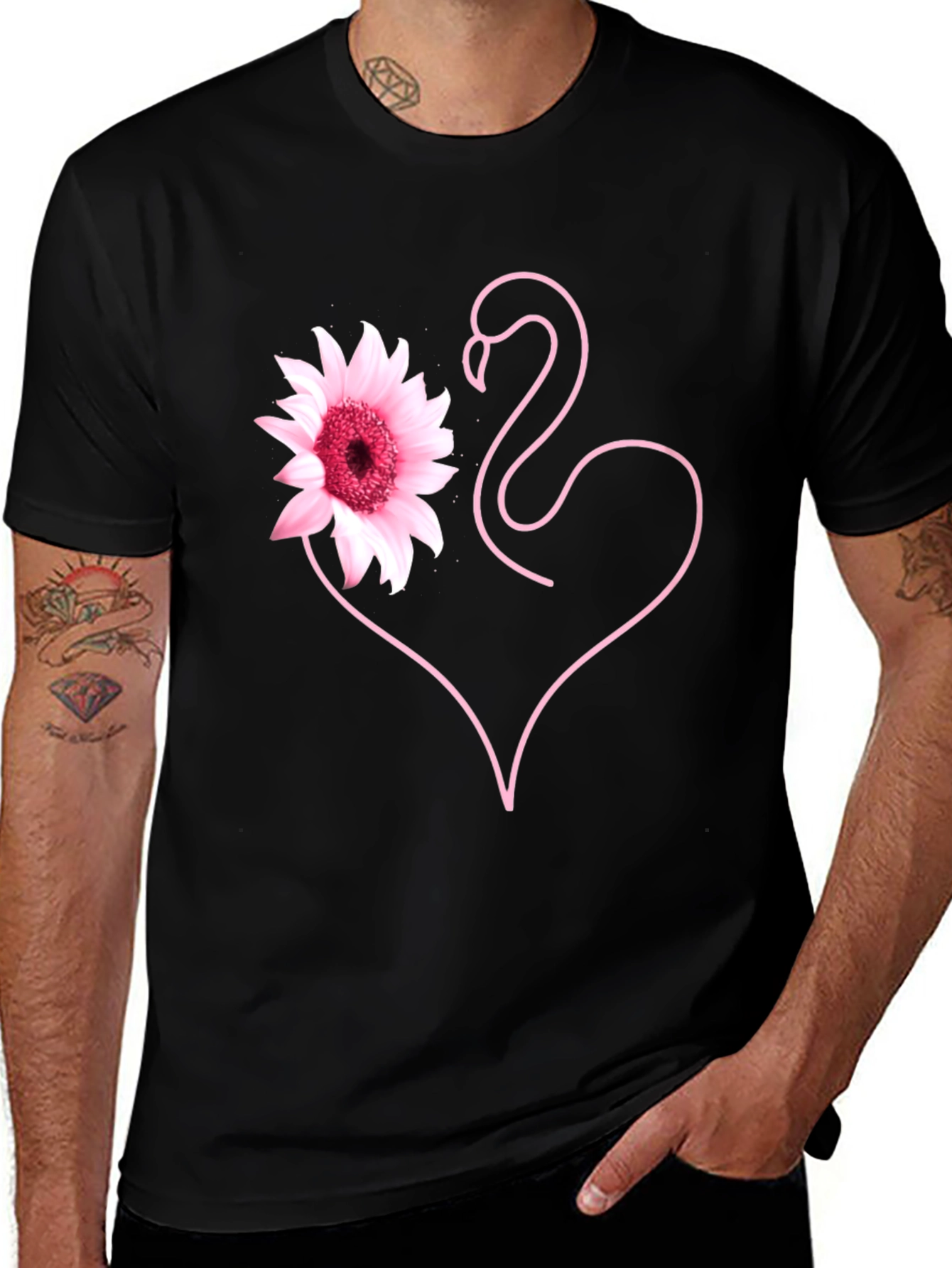 Variant 27 of Pink Flamingo Flower Heart Black T-Shirt