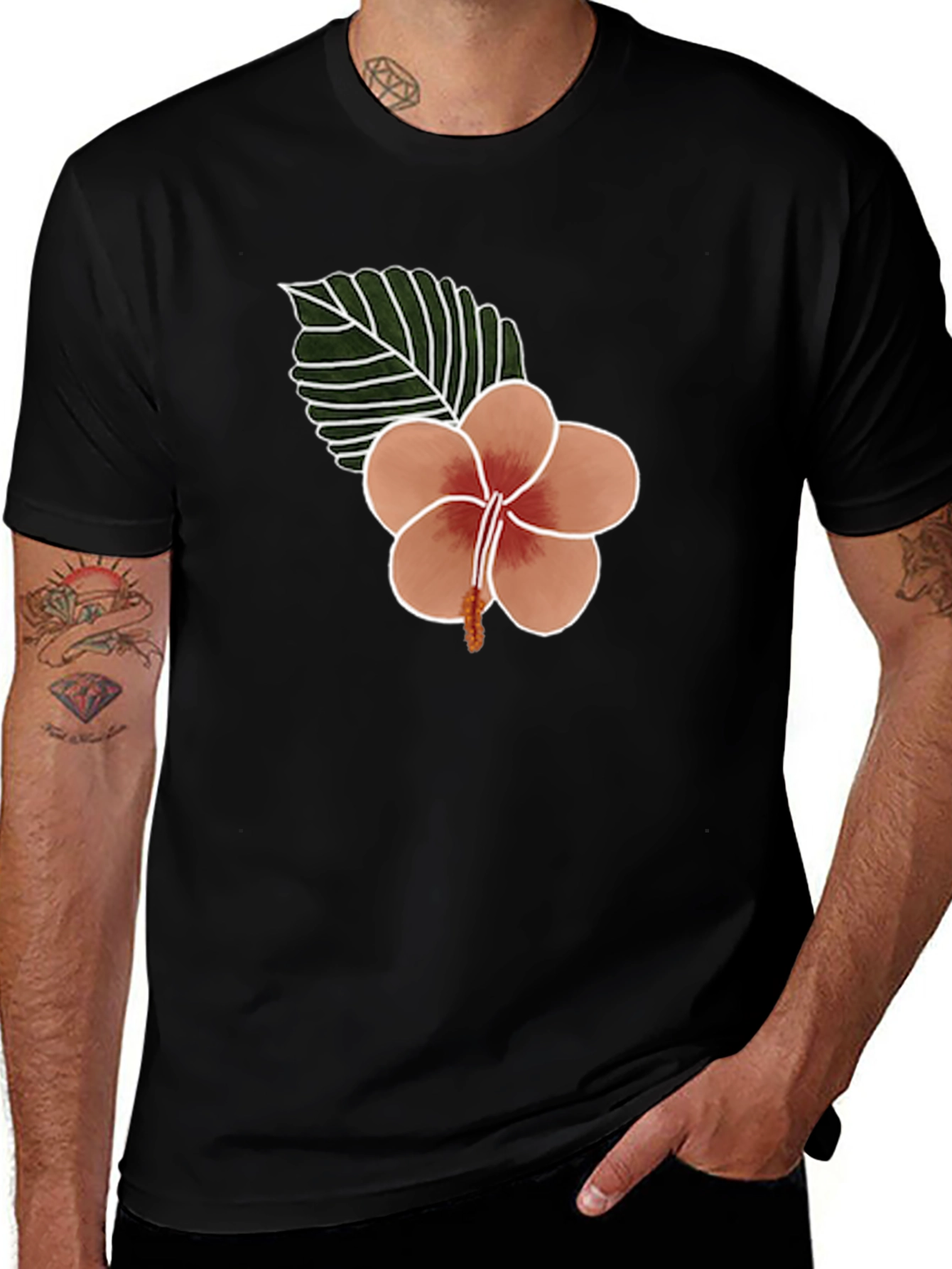 Variant 5 of Men's Black Tee with Hibiscus Flower Graphic