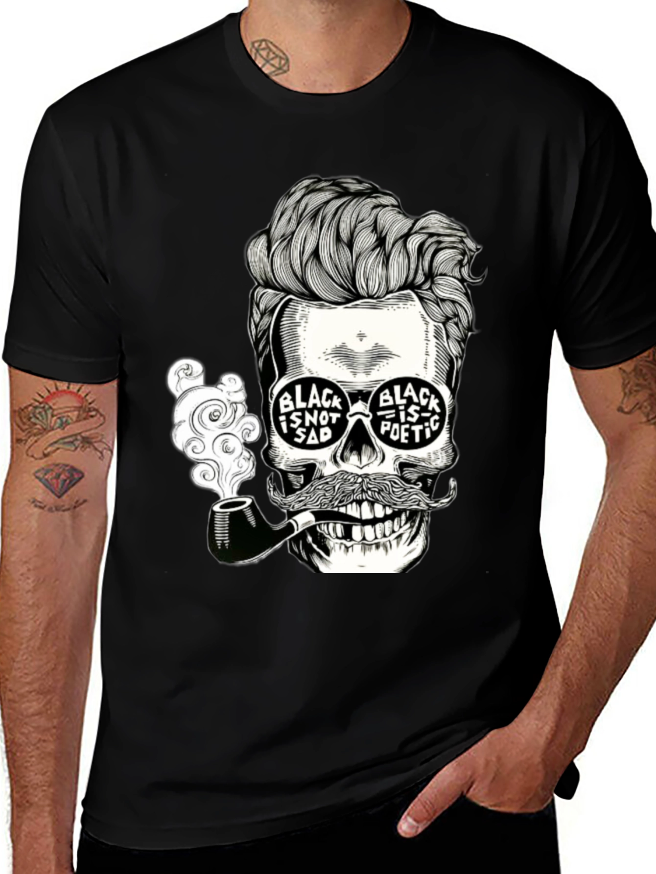 Variant 19 of Skull Mustache Smoker Graphic Tee - Black