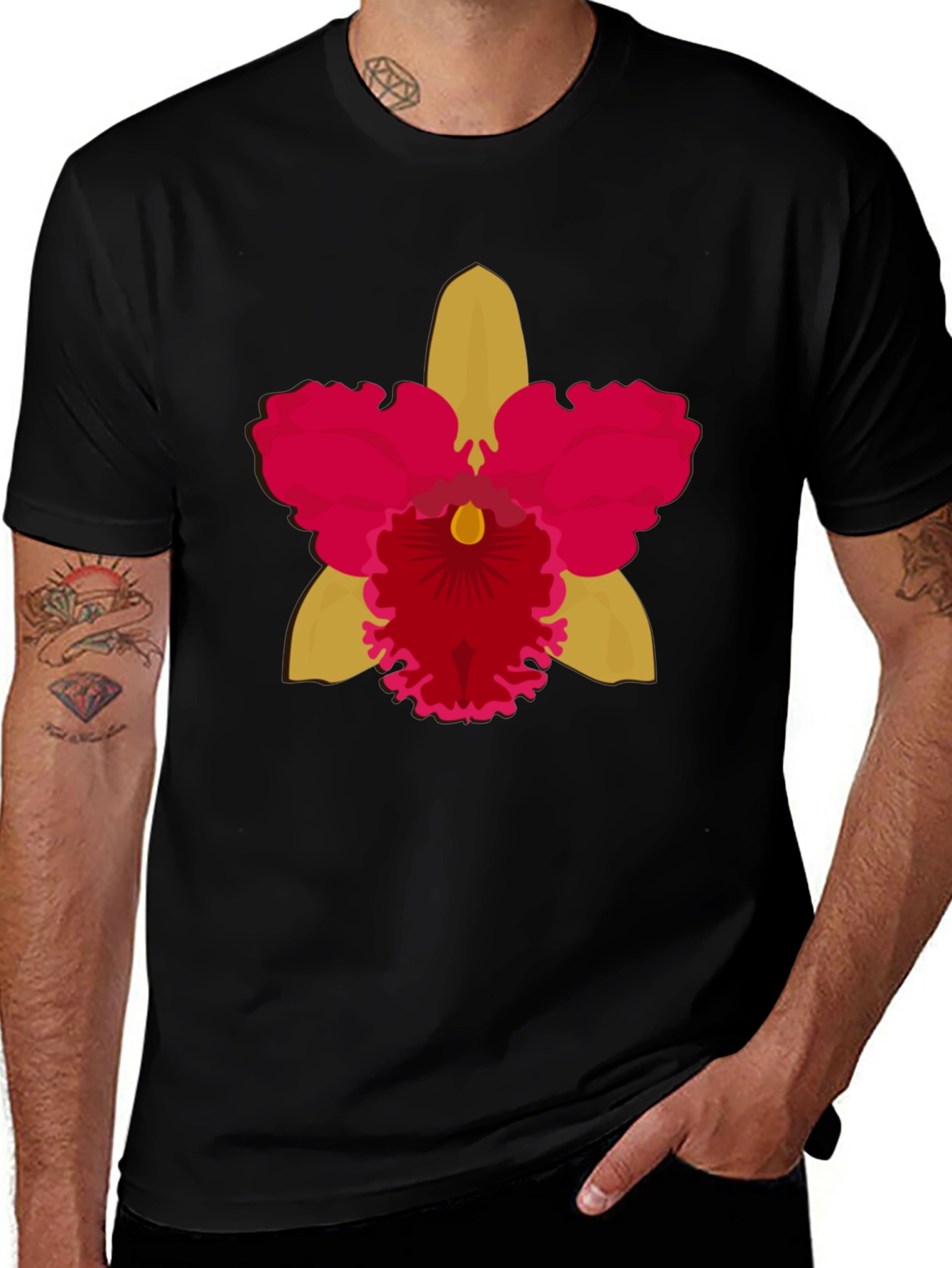 Variant 29 of Black T-shirt with Bold Orchid Flower Design