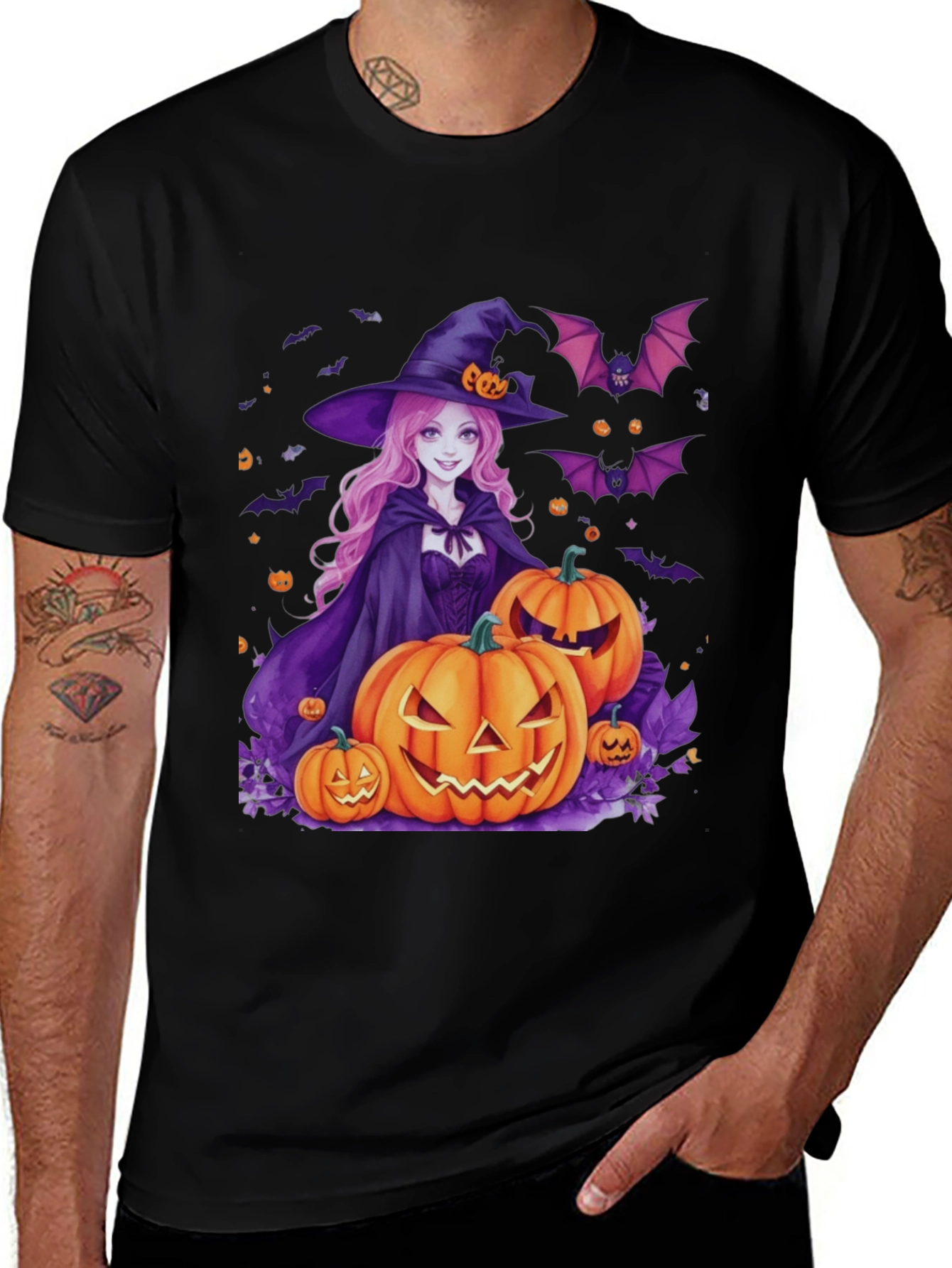 Variant 30 of Halloween Witch & Pumpkins Black T-Shirt